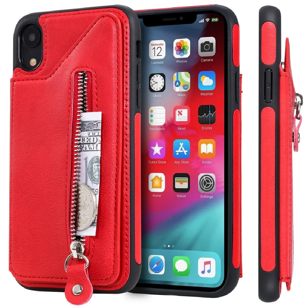 Housse Coque Pour étui de protection antichoc à double boucle de couleur unie iphone xr rouge