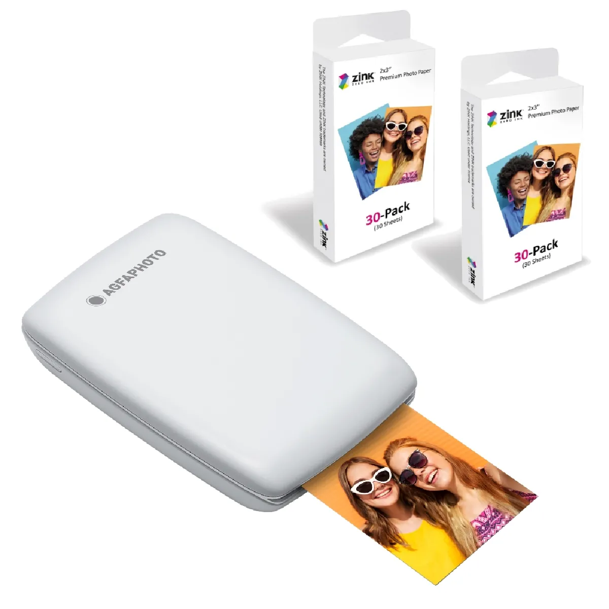 AgfaPhoto Mini P.2 - Pack Imprimante Portable Zink Photos Instantanées + Recharge pour 60 Photos supplémentaires - Impression sans Encre Facile, Rapide - Photo 75 x 50 mm - Smartphones et Tablettes - Blanc