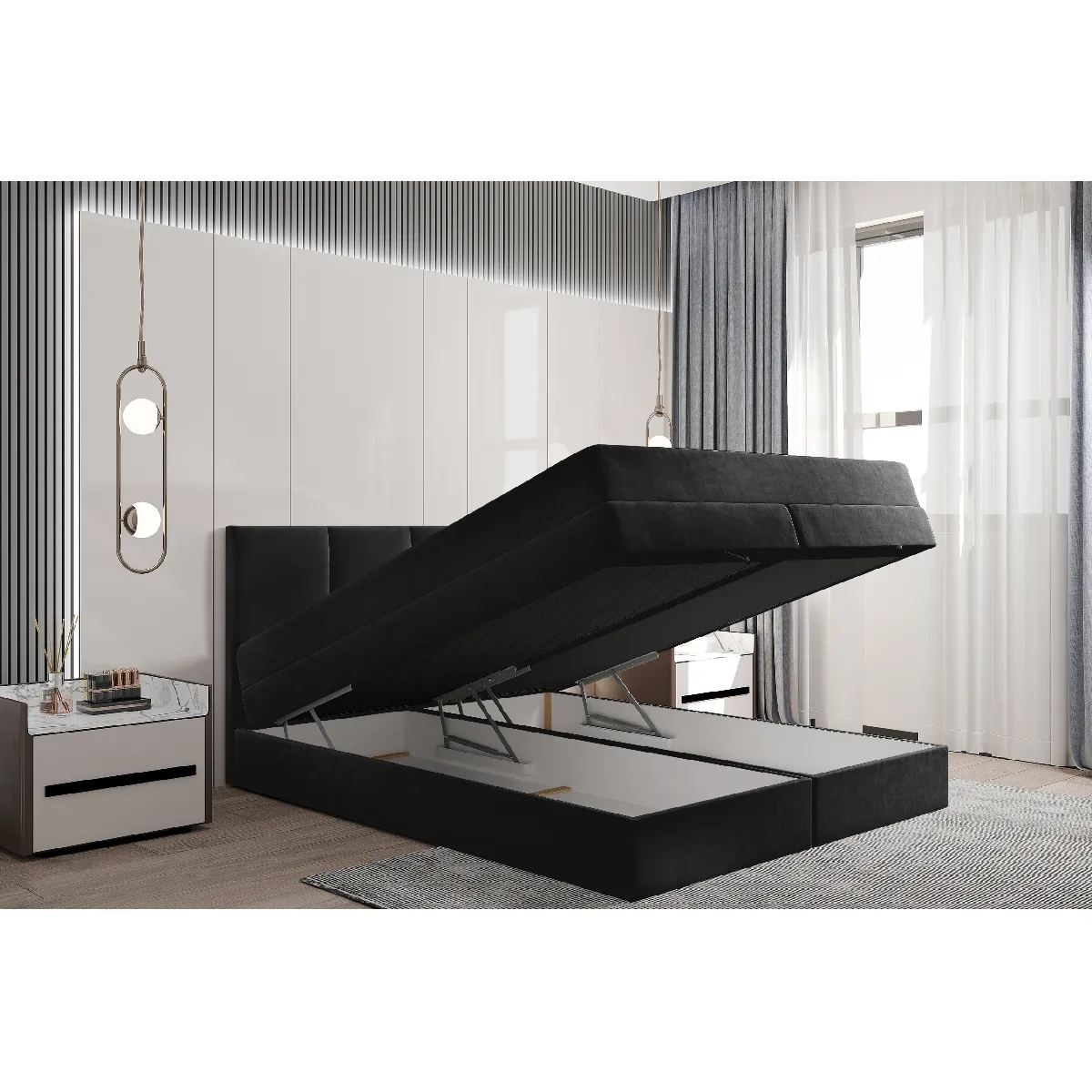 Lit adulte rembourré PRADO avec rangement et matelas ressorts ensachés 180x200 noir