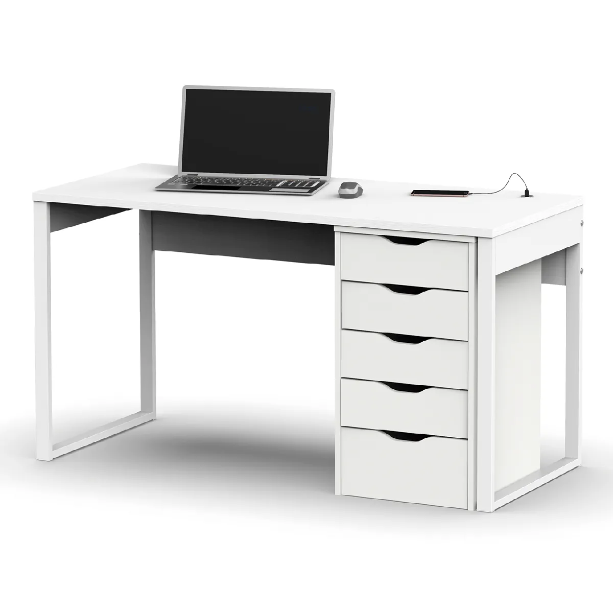 Bureau avec commode de rangement coloris blanc - Hauteur 76 x Longueur 135 x Profondeur 60 cm / Hauteur 71 x Longueur 40 x Profondeur 43 cm