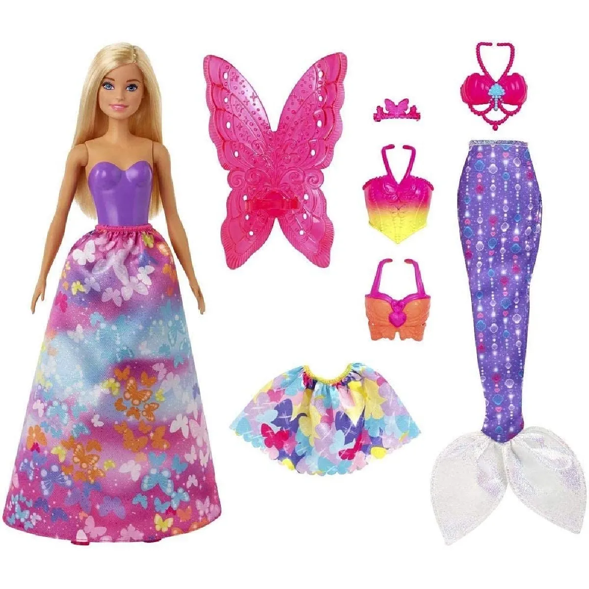 Barbie Dreamtopia poupée Papillons coffret 3-en-1 blonde avec trois tenues roses de princesse, sirène et fée, jouet pour enfant, GJK40