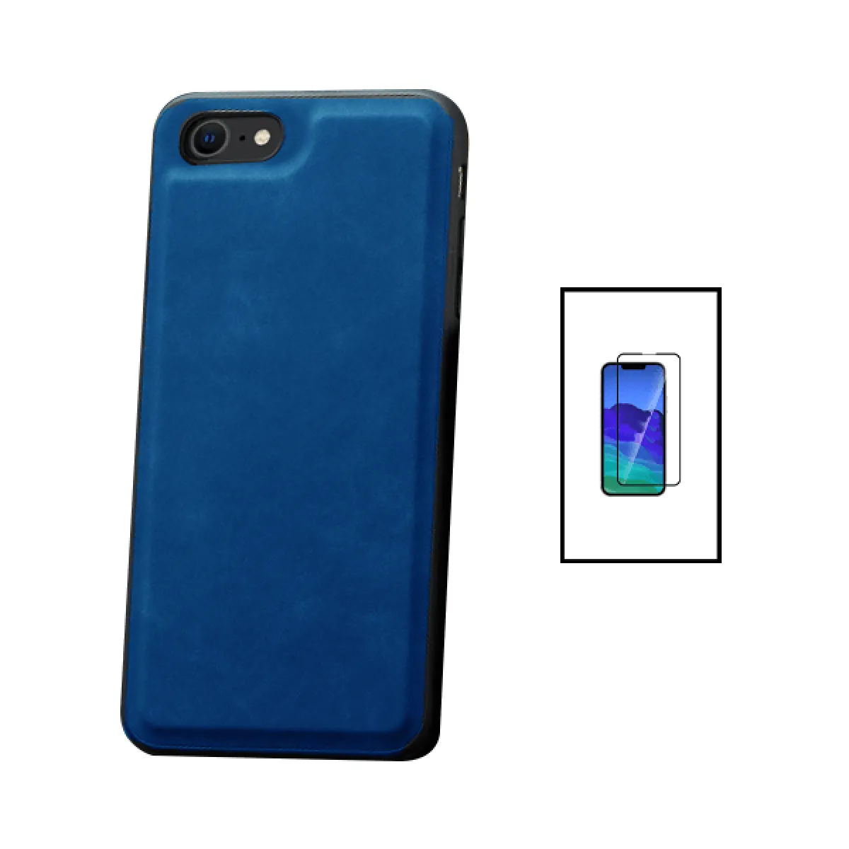 Kit Coque MagneticLeather + Film Verre Trempé 5D Full Cover pour Apple iPhone SE 2020 - Bleu