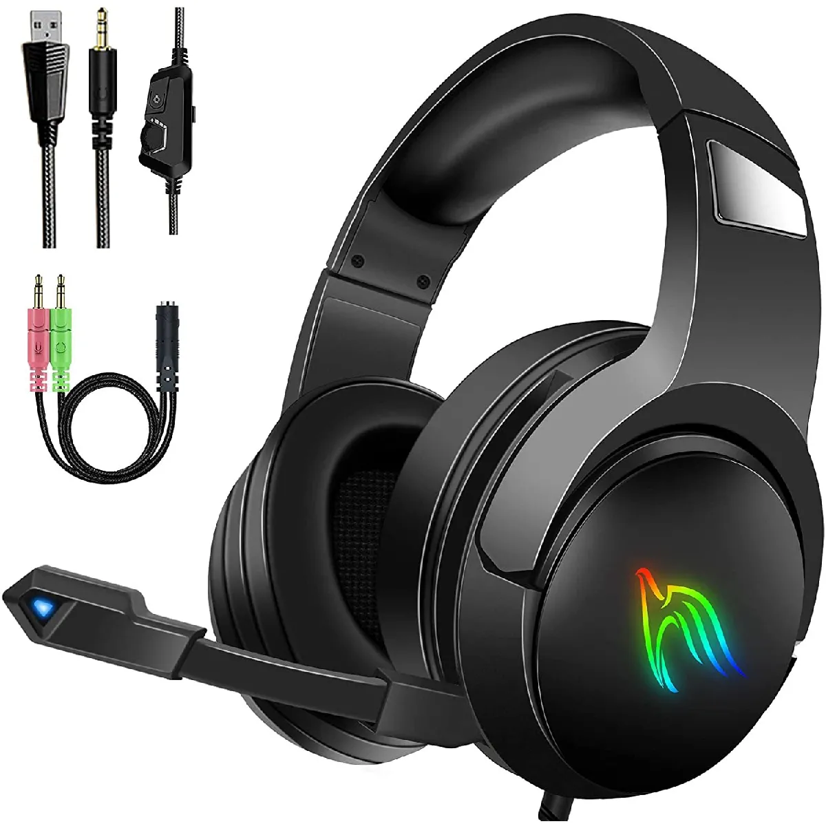 Casque de jeu pour Xbox One PS4, PS5, Nintendo Switch, PC, Mac, ordinateur portable, casque de jeu stéréo surround 3,5 mm sur l'oreille avec microphone et contrôle du volume(noir)