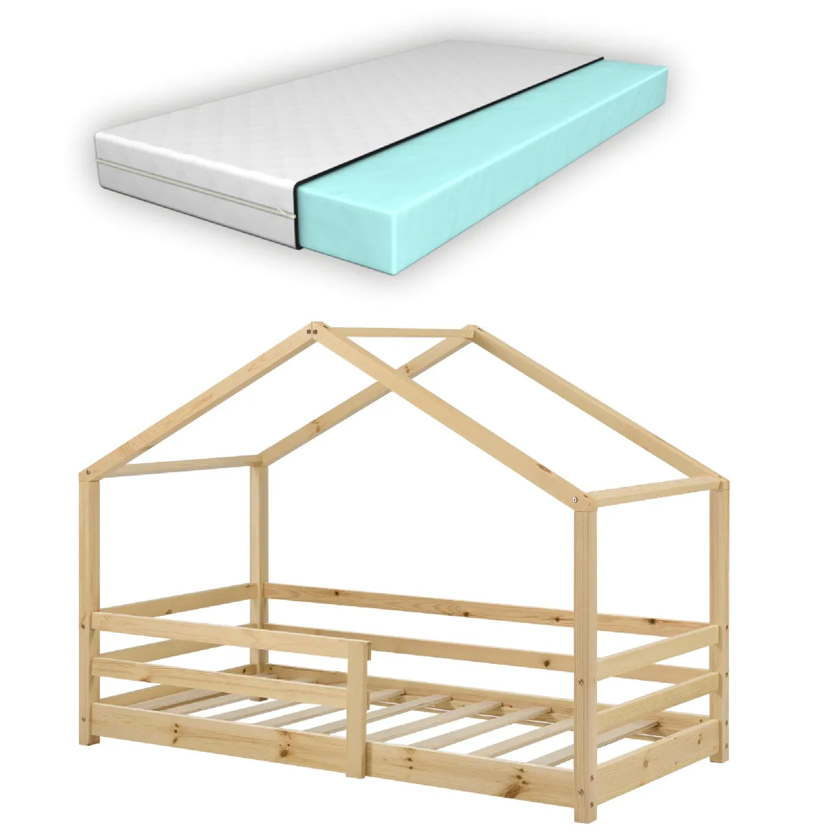 Lit pour enfant cabane maison avec matelas sommier et barrière en bois de pin naturel 80 x 160 cm 03_0005475