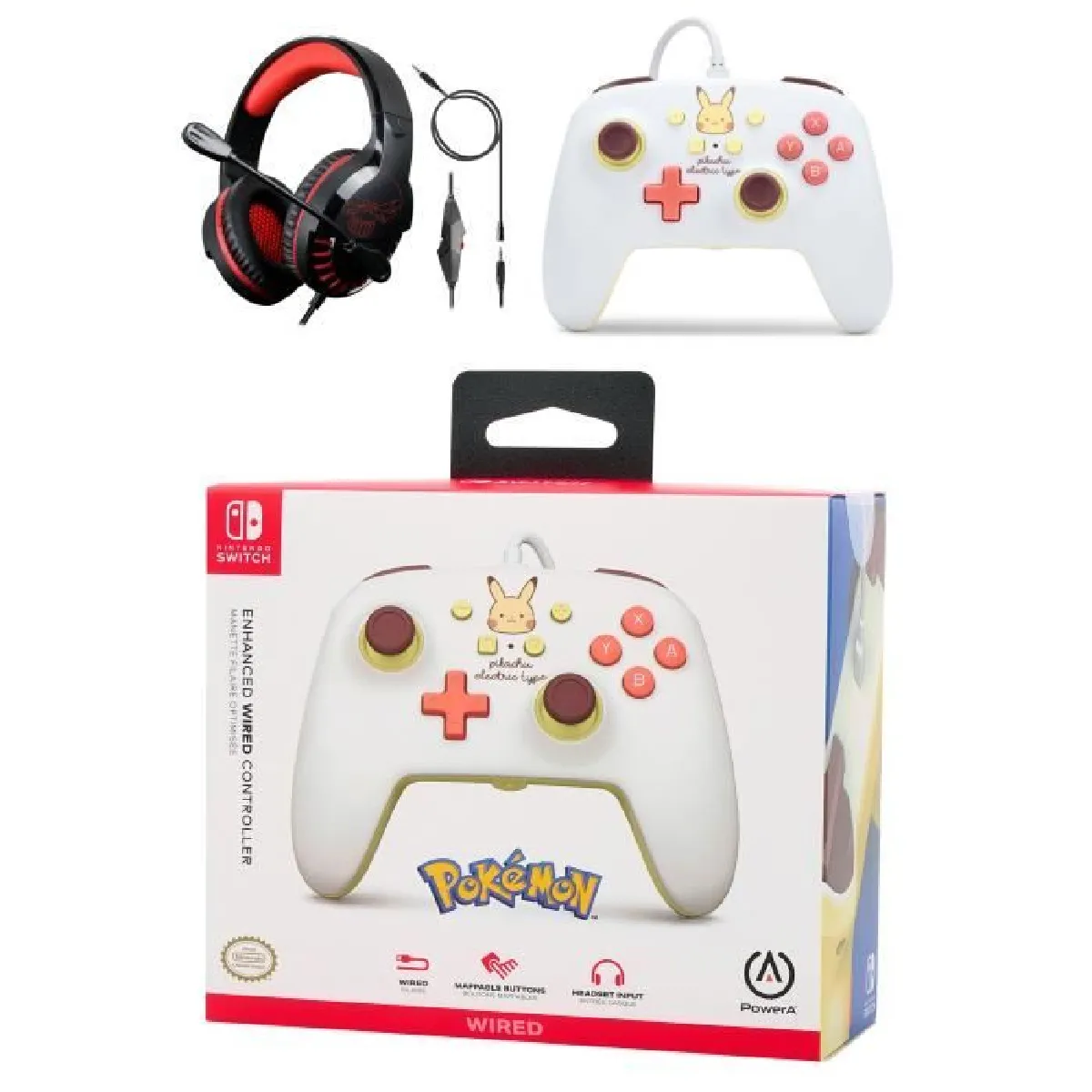 Pack Manette SWITCH Filaire Nintendo Pokémon Pikachu ELECTRIK Officielle + Casque Gamer PRO H3 Rouge SPIRIT OF GAMER SWITCH