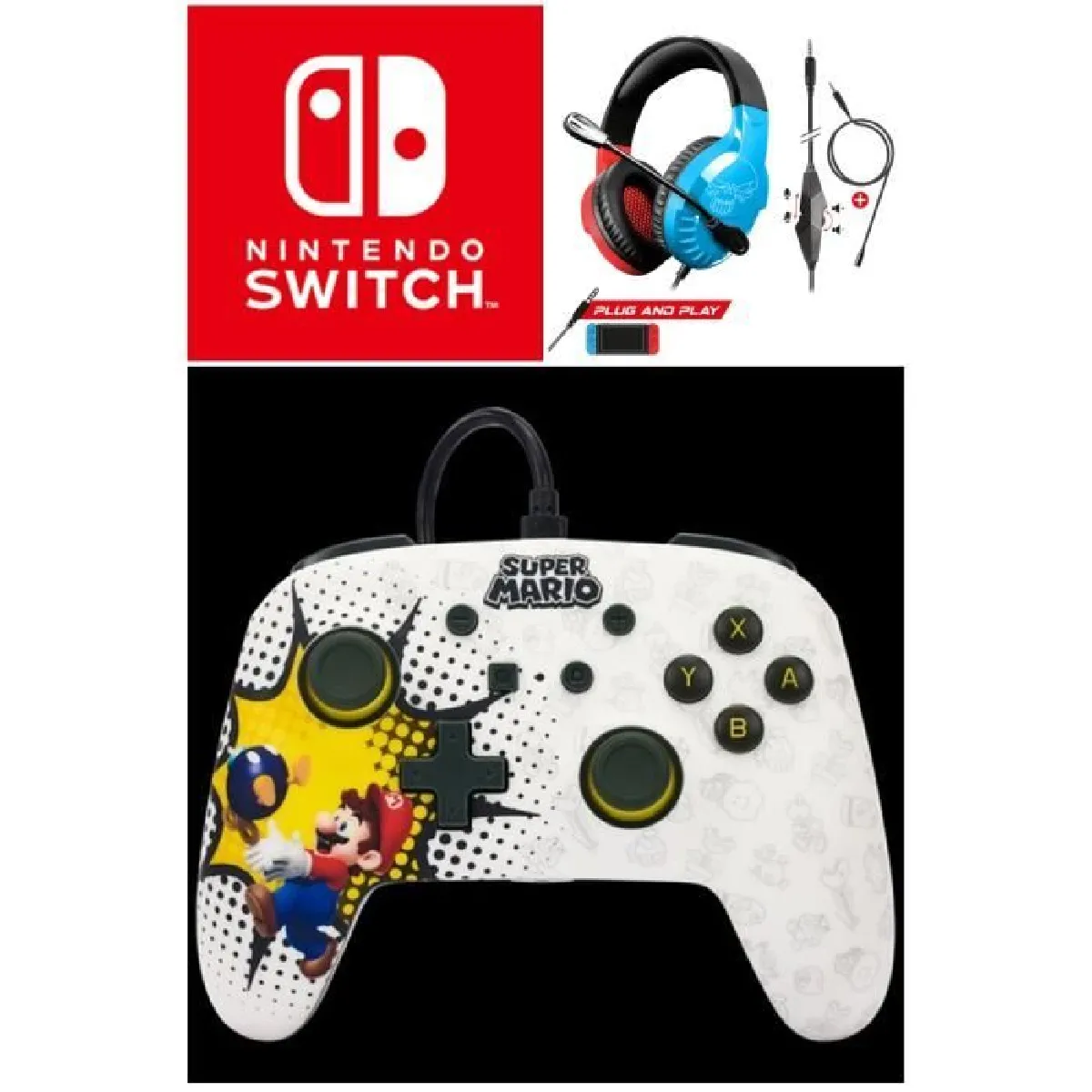 Manette filaire SWITCH Améliorée MARIO Bob-omb Blast Officielle Nintendo avec Câble USB détachable + Casque SWITCH ROUGE ET BLEU