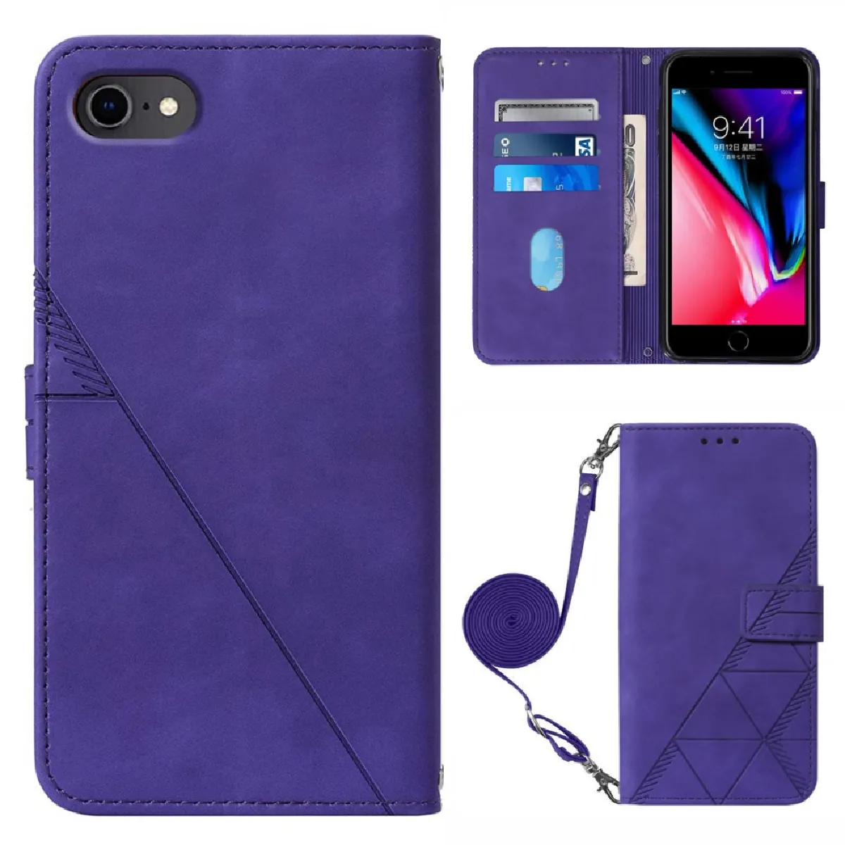 Etui en PU motif de lignes avec bandoulière violet pour votre iPhone 6 4.7-pouces/7 4.7 pouces/8 4.7 pouces/SE (2nd Generation)