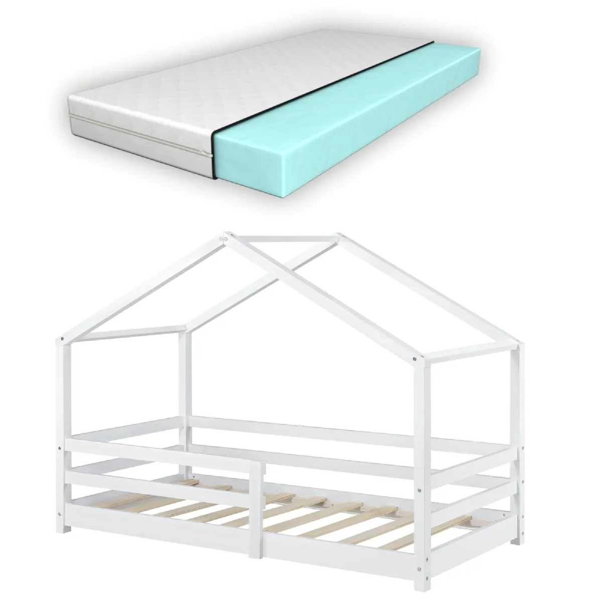 Lit pour enfant cabane maison avec matelas et sommier et barrière en bois de pin blanc 80 x 160 cm 03_0005473