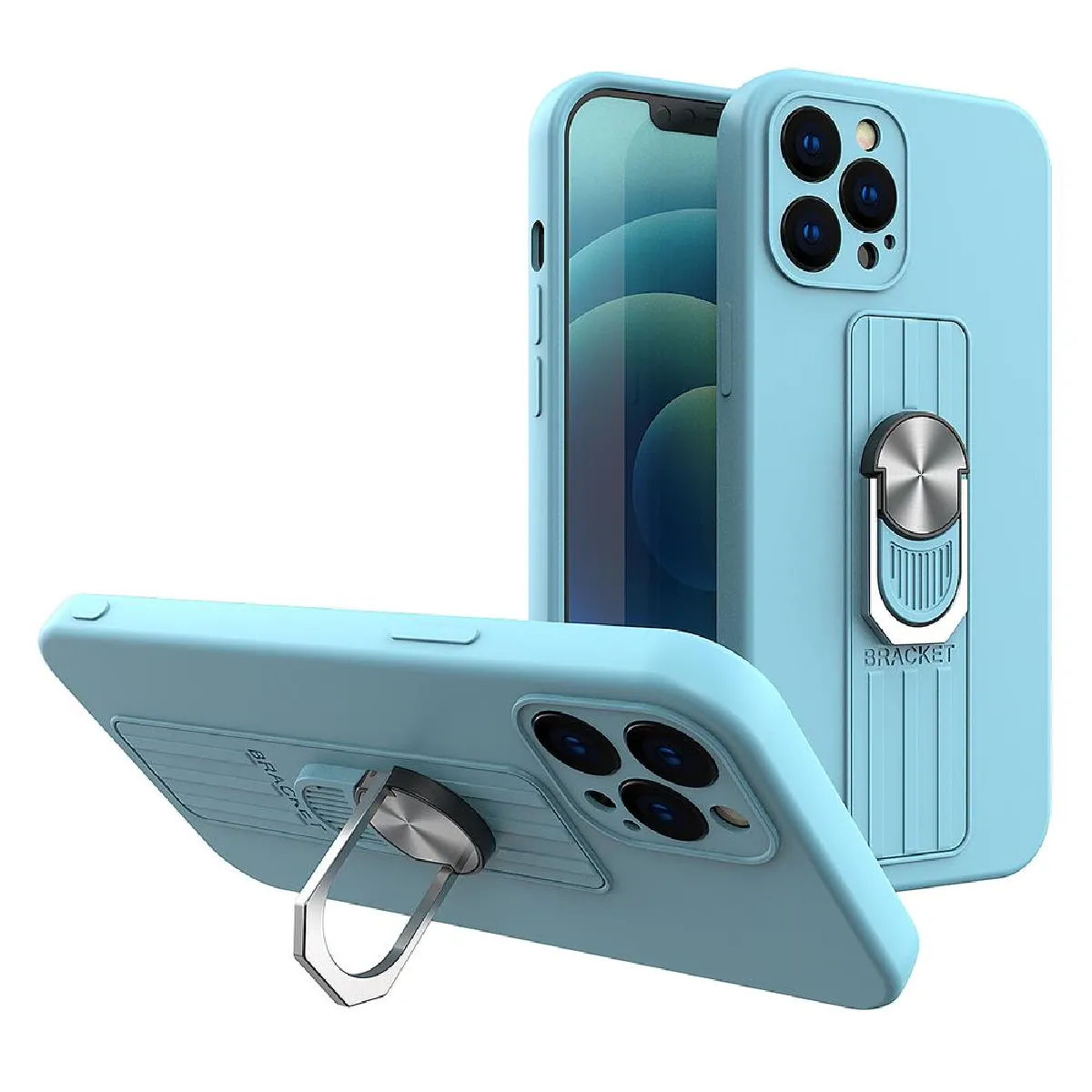 ring coque etui en silicone avec prise pour les doigts et support pour iphone 13 bleu clair