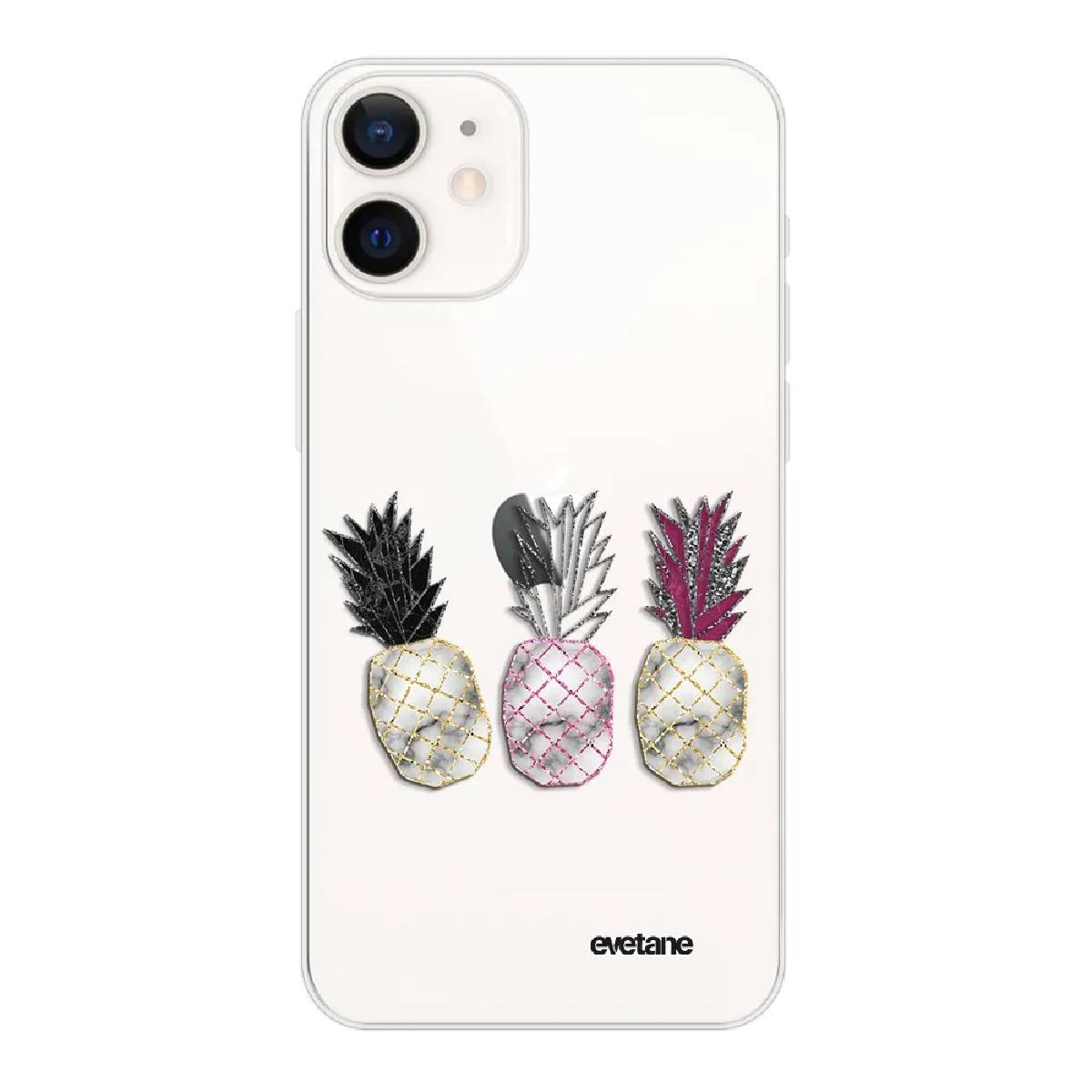 Coque iPhone 12 mini souple transparente Trio Ananas Motif Ecriture Tendance Evetane