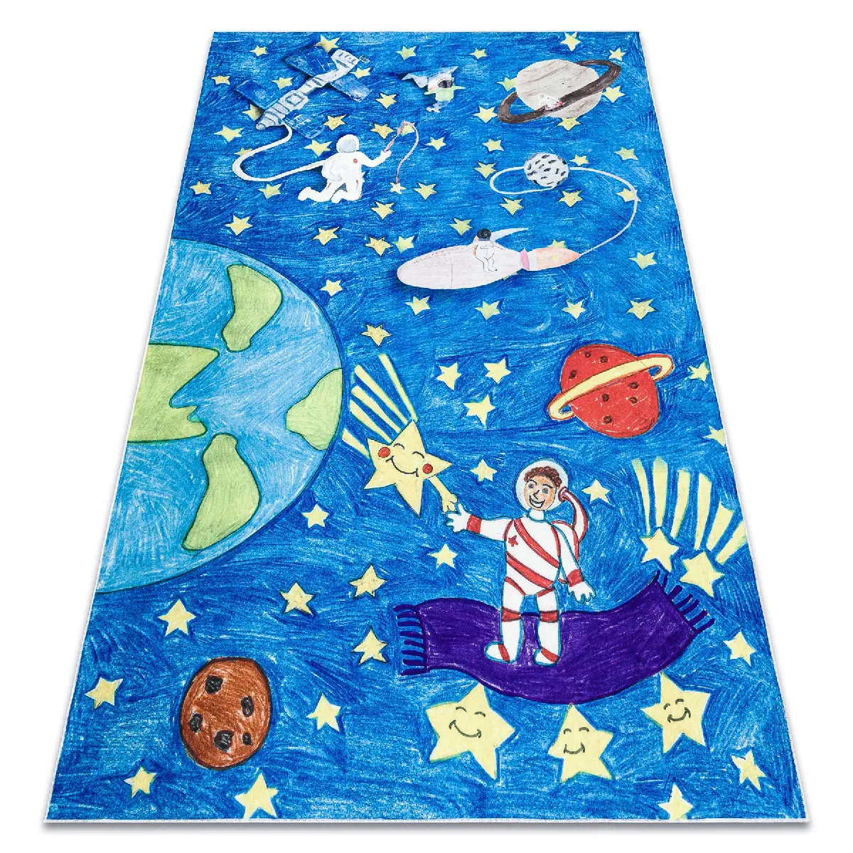 Tapis lavable BAMBINO 2265 Fusée spatiale pour les enfants antidérapant - bleu 160x220 cm