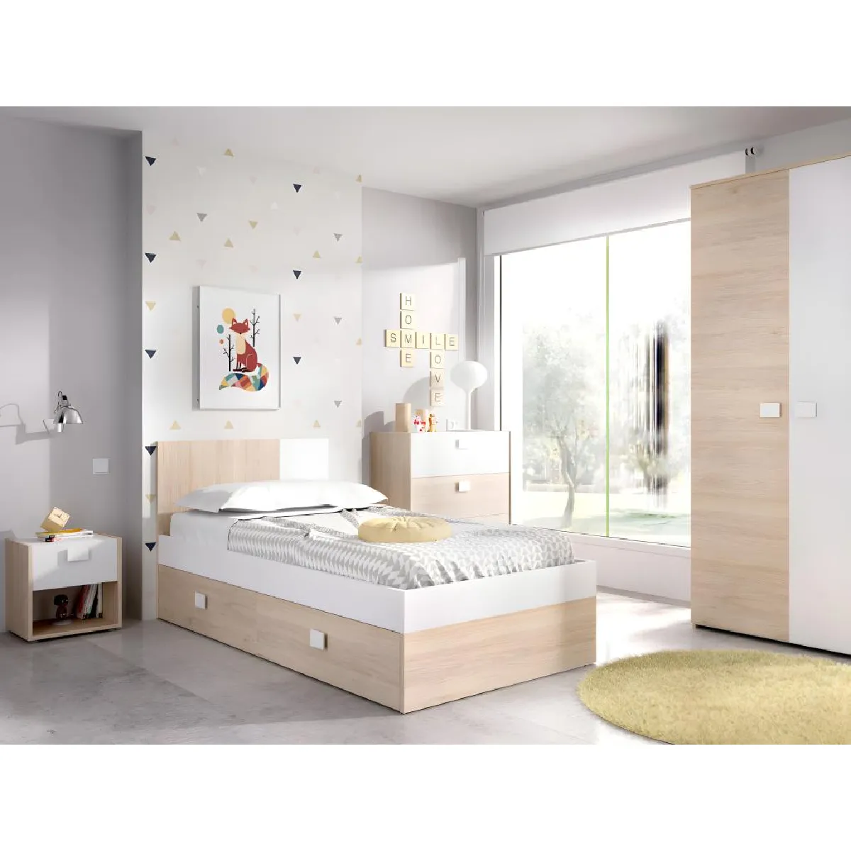 Chambre complète enfant lit gigogne 90 x 190 cm - 3 produits - Coloris : Chêne et blanc - SONIA