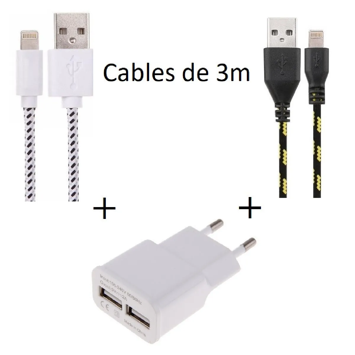 Pack Chargeur pour IPHONE 8 PLUS Lightning (2 Cables Tresse 3m Chargeur + Prise Secteur Double USB) Murale