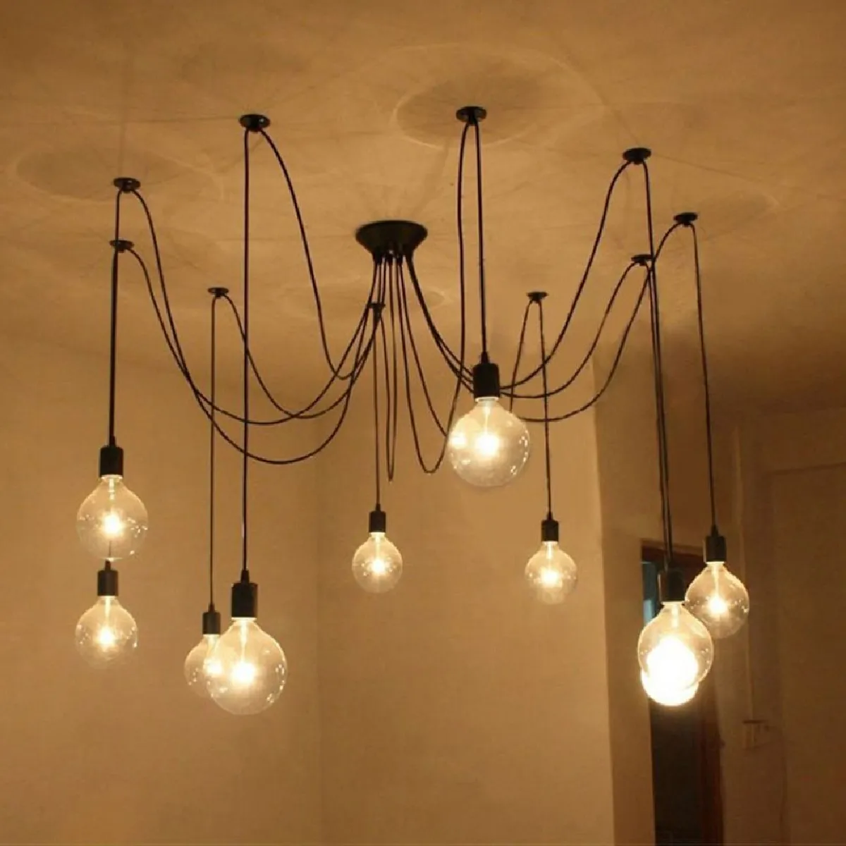 Lustre Suspension Araignee E27 Douille Rétro Industriel abat-jour Noir, DIY Ajustable Longueur avec 1.5m Fil, 8 bras (pas d'ampoule)