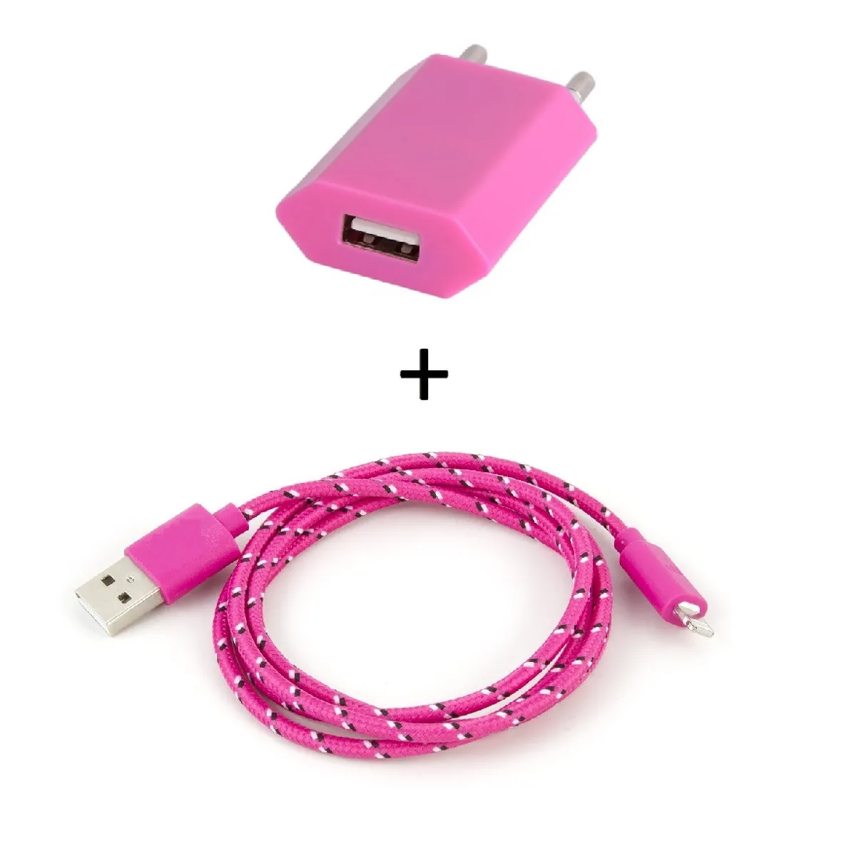 Pack Chargeur pour Airpods Lightning (Cable Tresse 3m Chargeur + Prise Secteur USB) Murale Android Universel (ROSE BONBON)