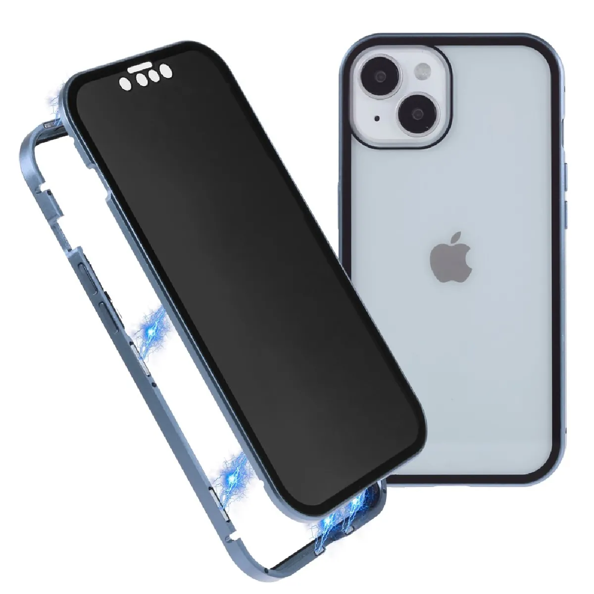 Coque en cadre métallique anti-spy, magnétique double-face pour votre iPhone 14 - bleu clair