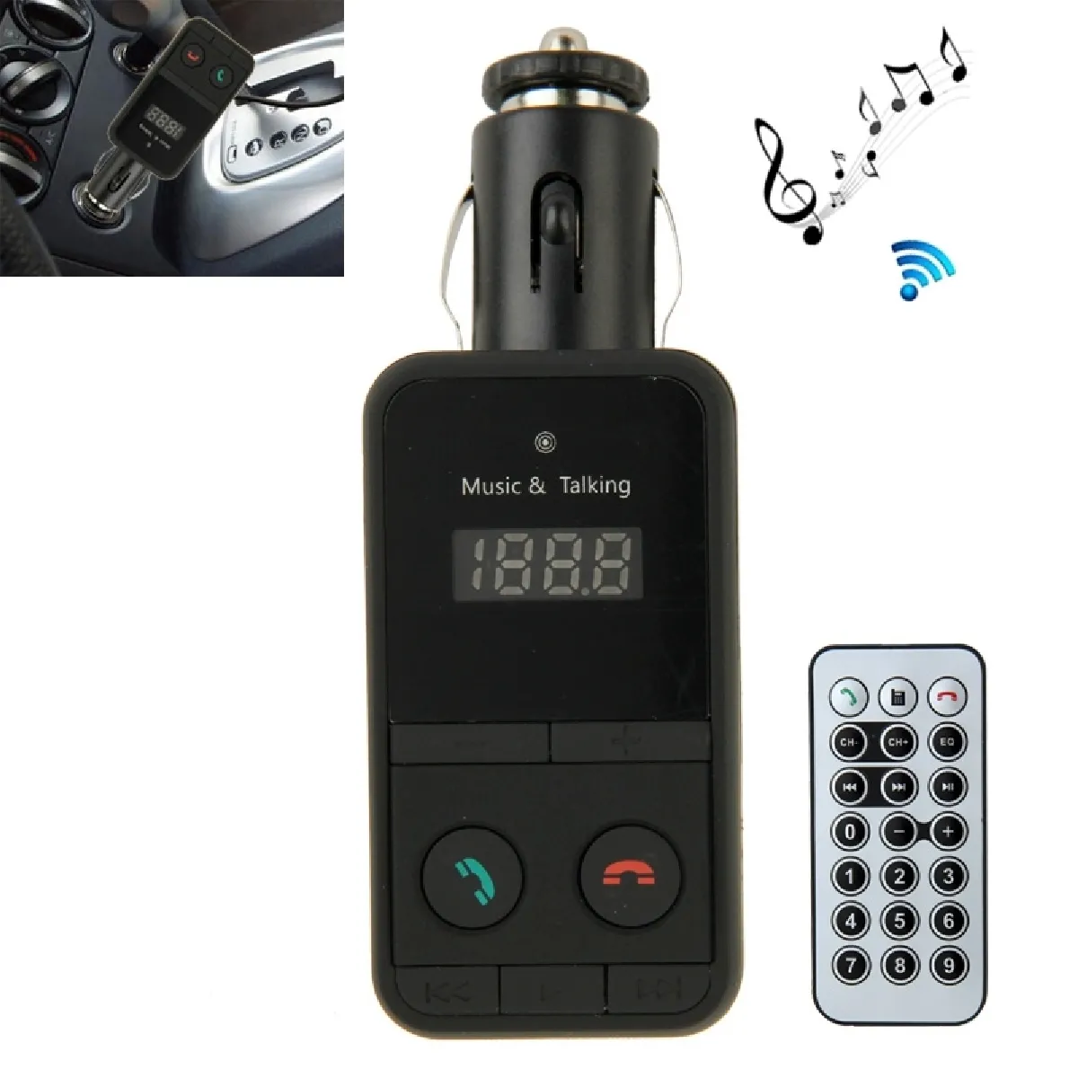 Transmetteur FM Auto pour iPhone 6 et 6 Plus, 5 5C 5S, Samsung Galaxy S6 / S5 / S IV, HTC, Support TF Carte Musique Lecture / Mains-libres Réponse Téléphone Voiture Bluetooth avec télécommande