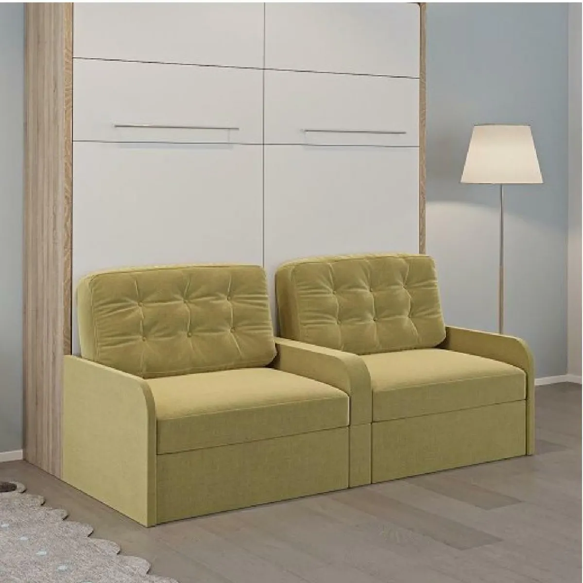 DUO SOFA armoire lit escamotable canapé moutarde couchage 2 x 90/200 structure chêne façade blanc