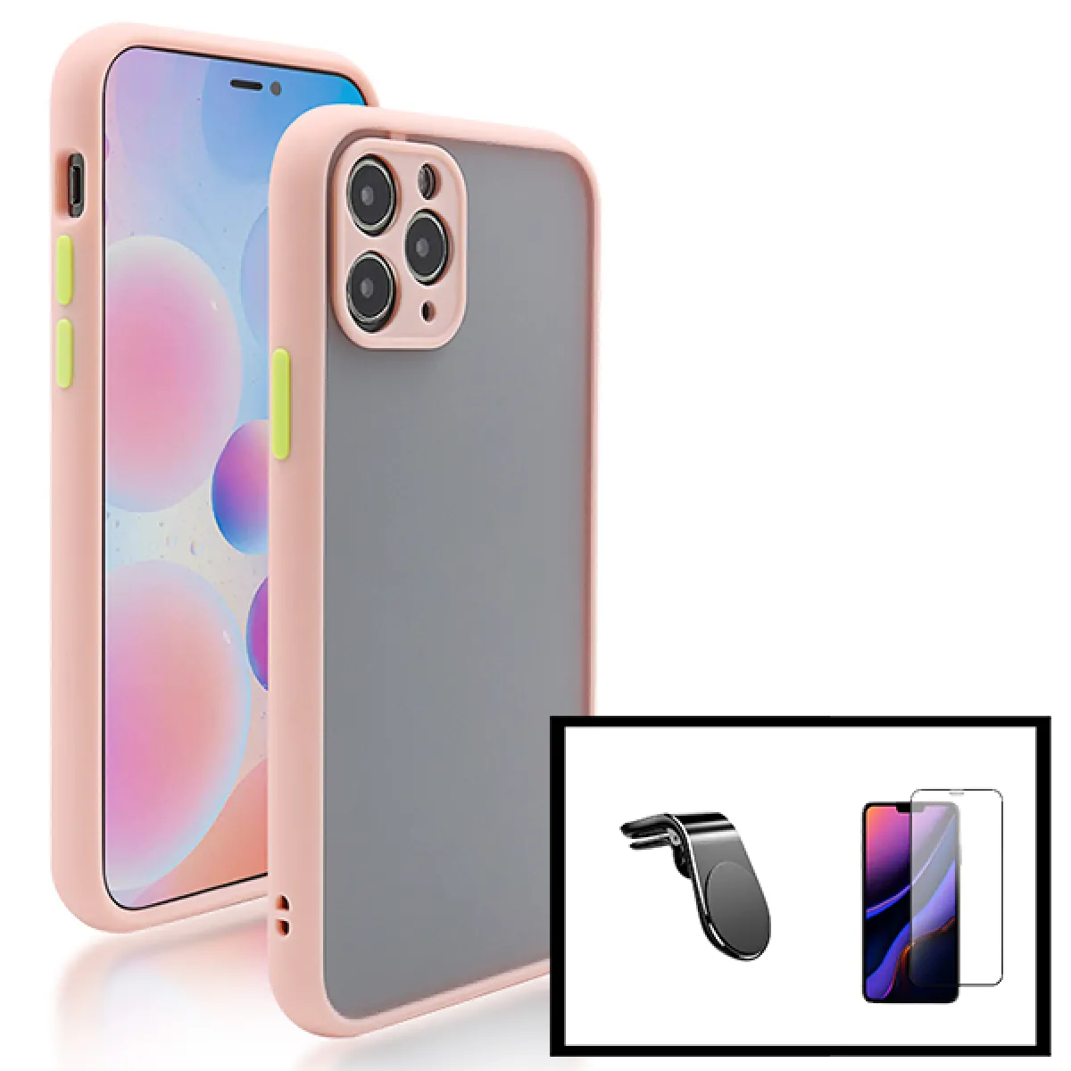 Kit Coque antichoc caméra Protection + Film de Verre Trempé 5D à Couverture Complète + Support Magnétique L Conduite en Toute Sécurité pour iPhone SE 2020 - rose