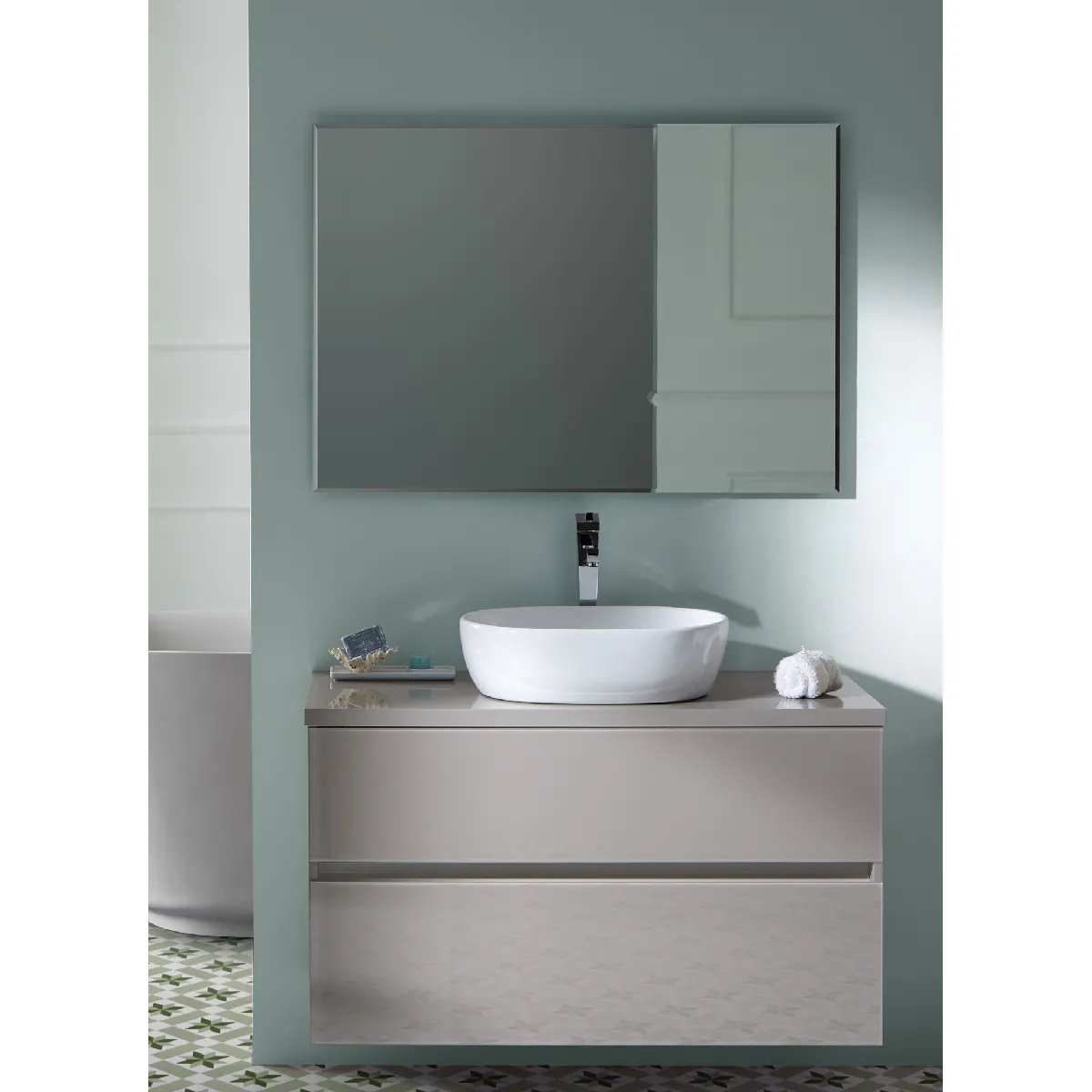 Meuble de salle de bain coloris taupe avec vasque à poser en céramique + miroir - Longueur 80 x Profondeur 46 x Hauteur 56 cm