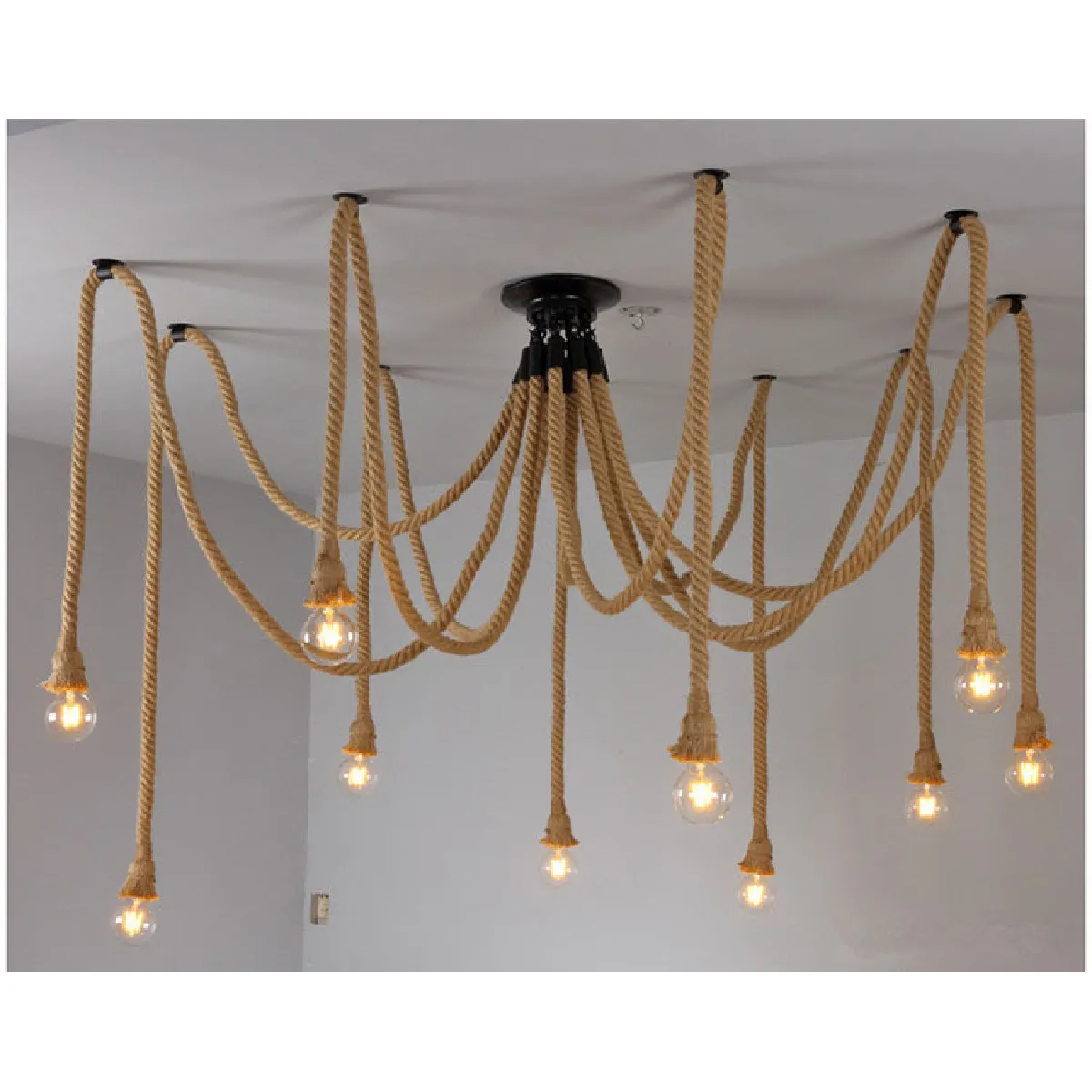 Rétro Lustre Suspension Araignee Corde de Chanvre avec 10 Bras E27 Douille, Industriel Lampe DIY 2.0m Fil Longueur Ajustable Luminaire Décoration Chambre Restaurant Bar