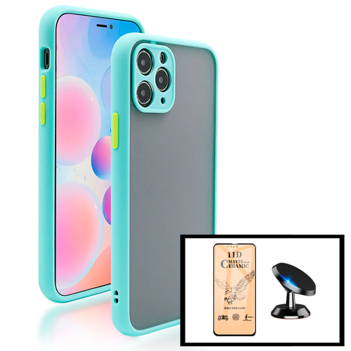 Kit Coque Antichoc Avec Caméra Protection + Film de Verre Trempé CeramicGlass Full Cover + Support Magnétique de Voiture pour iPhone 13 Pro - Bleu Clair