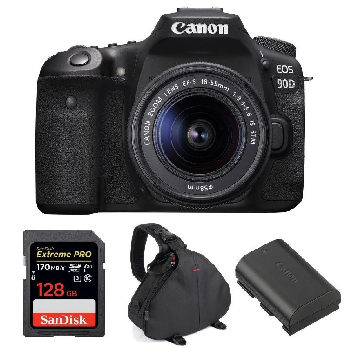 canon-eos-90d-kit-ef-s-18-55mm-f3-5-5-6-is-stm-sandisk-extreme-pro-128gb-170mb-s-sdxc-camera-bag-canon-lp-e6n-battery-4549292138337