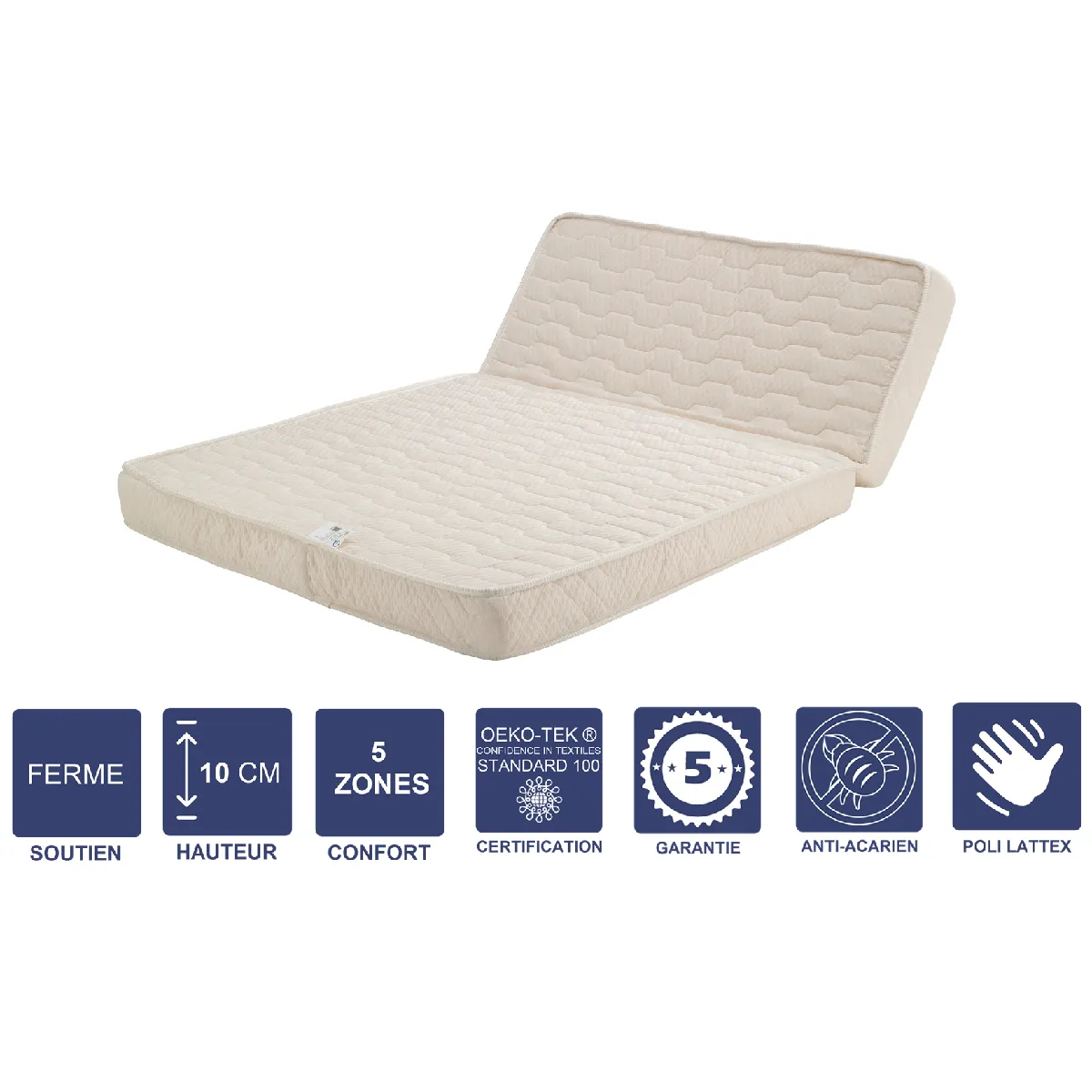 Matelas Ferme Pour tous BZ 160x200 x 10 cm + Oreiller Visco avec Mémoire de Forme sur Face Hiver - Déhoussable Housse Lavable - Découpe Assise 60 cm - 5 zones de Confort - Face été et Ame Poli Lattex Haute Résilience - Hypoallergénique