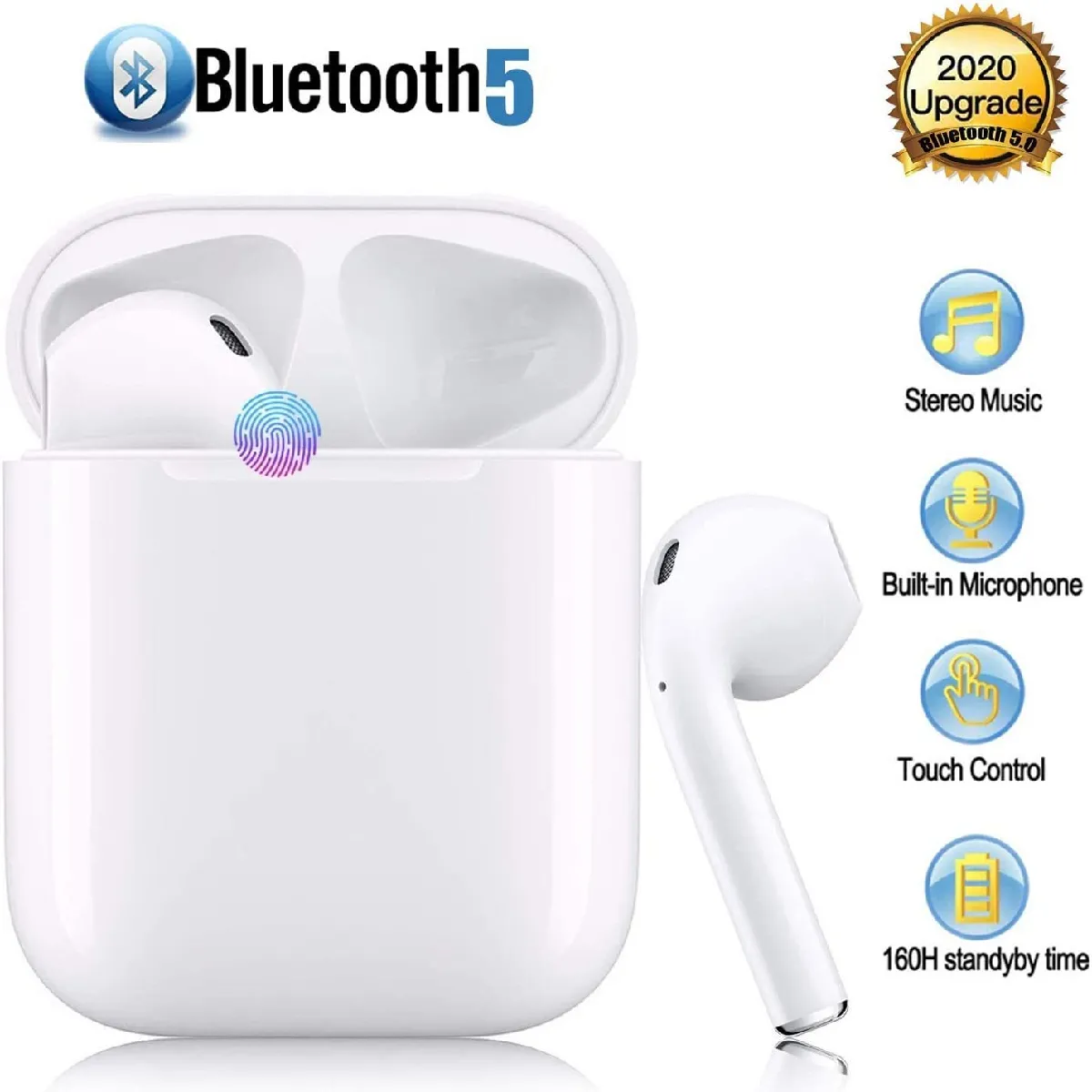 Casques Bluetooth 5.0, Casque sans Fil Tactile, 24H boîtier de Charge Casque stéréo antibruit 3D, Couplage Automatique des popups, Microphone d'appel binaural HD, pour Apple airpods iphone - Blanc