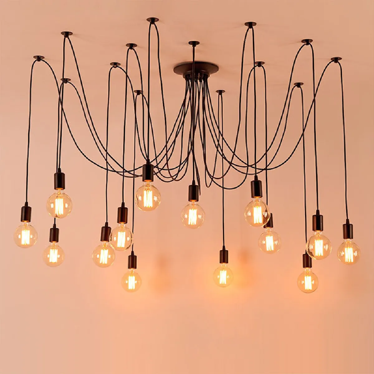 Lustre Suspension Araignee E27 Douille Rétro Industriel abat-jour Noir, DIY Ajustable Longueur avec 2.0m Fil, 14 bras (Non ampoule)