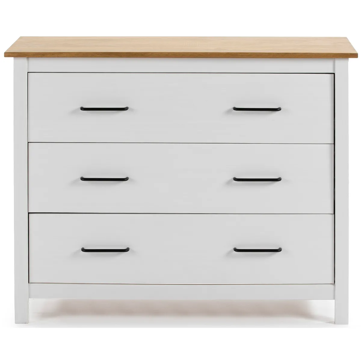 Commode en pin massif décor ciré blanc et chêne, meuble de rangement - Longueur 100 x Profondeur 40 x Hauteur 80 cm