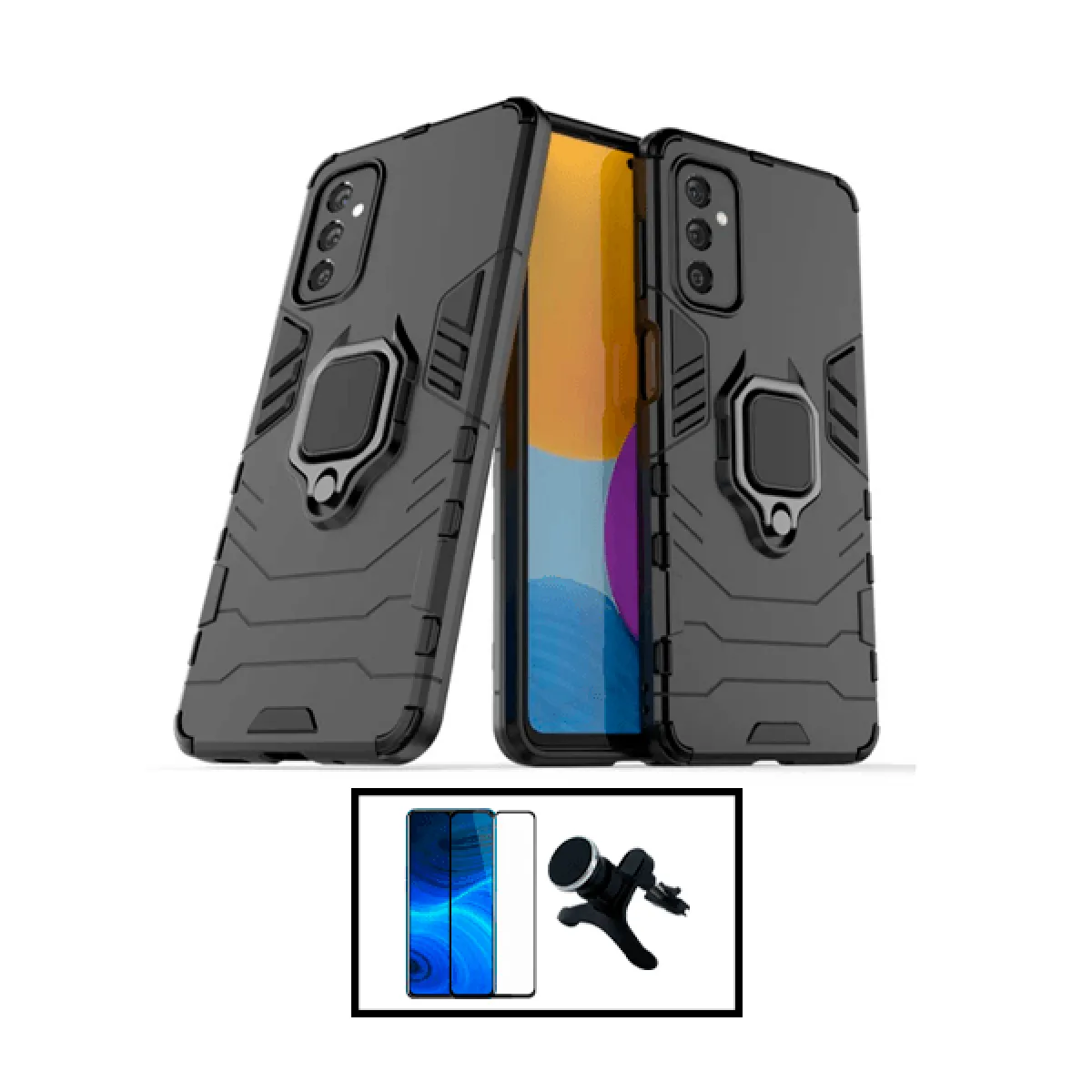 Kit Film Verre Trempé 5D Full Cover + Coque 3X1 Military Defender + Support Magnétique de Voiture Renforcé pour Samsung Galaxy A14 - Noir