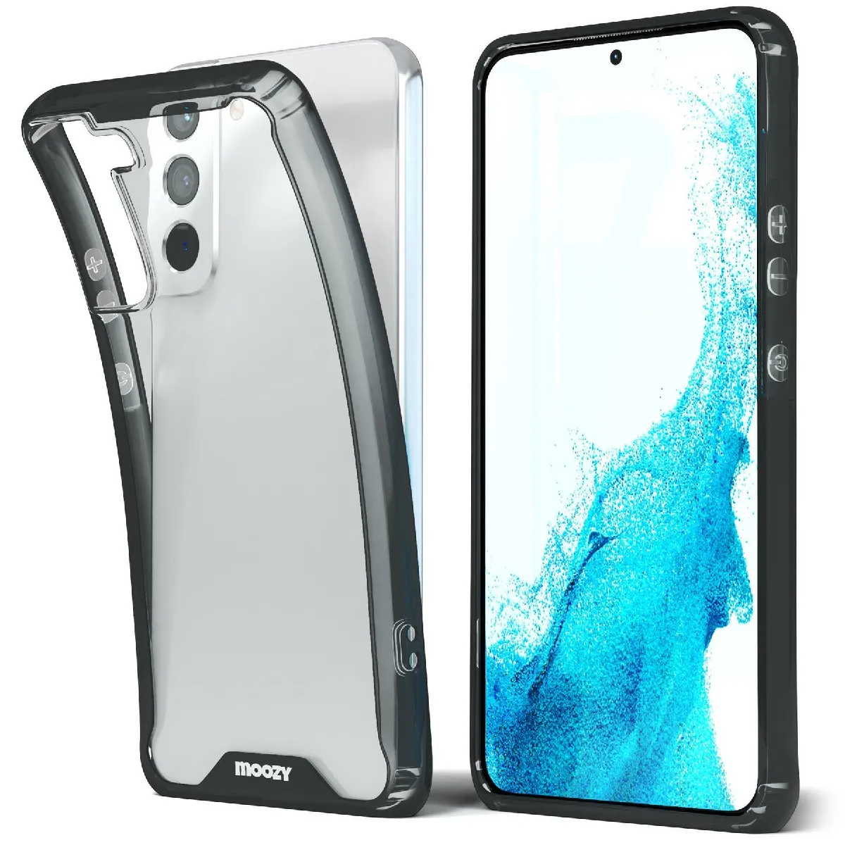 Moozy Xframe Coque antichoc pour Samsung S22 – Coque transparente à bord noir, coque hybride double couleur transparente avec bord en TPU absorbant les chocs