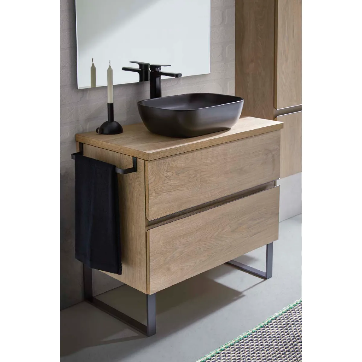 Meuble de salle de bain avec 2 tiroirs couleur chêne nordique + vasque à poser + miroir - Longueur 80 x Hauteur 87,5 x Profondeur 46,5 cm