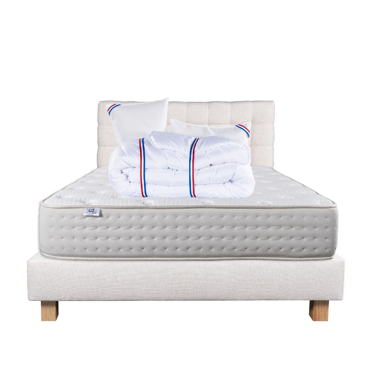 Ensemble matelas Purlux 160x200 cm + sommier beige ep20cm + 2 oreillers + couette + Tête de Lit