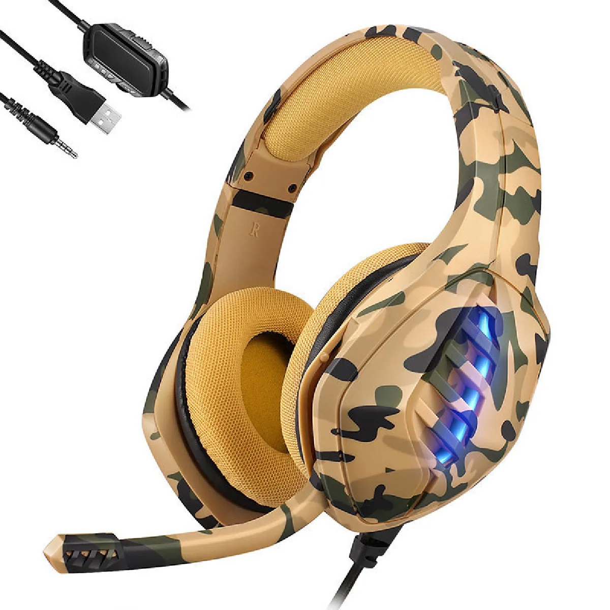 Casque de jeu pour PS4, PC, manette Xbox One, casque antibruit sur l'oreille avec micro, lumière LED 7 couleurs, contour des basses, cache-oreilles à mémoire douce pour ordinateur portable Mac Jeux Nintendo Switch(jaune)