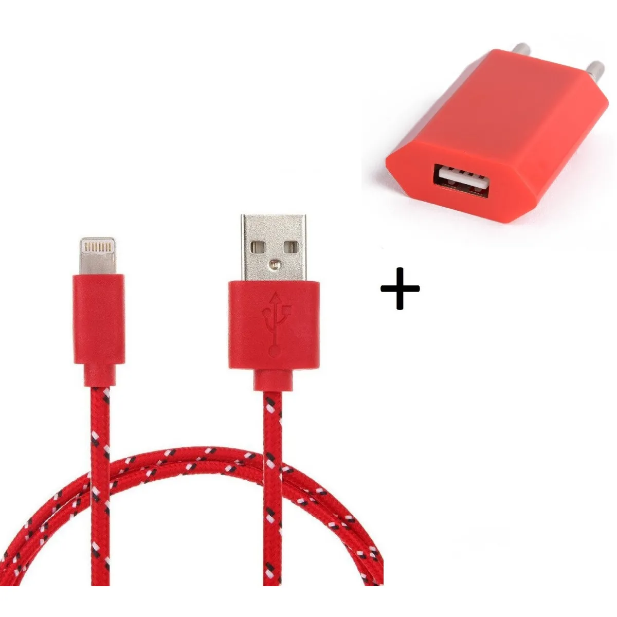 Pack Chargeur pour Airpods Lightning (Cable Tresse 3m Chargeur + Prise Secteur USB) Murale Android Universel (ROUGE)