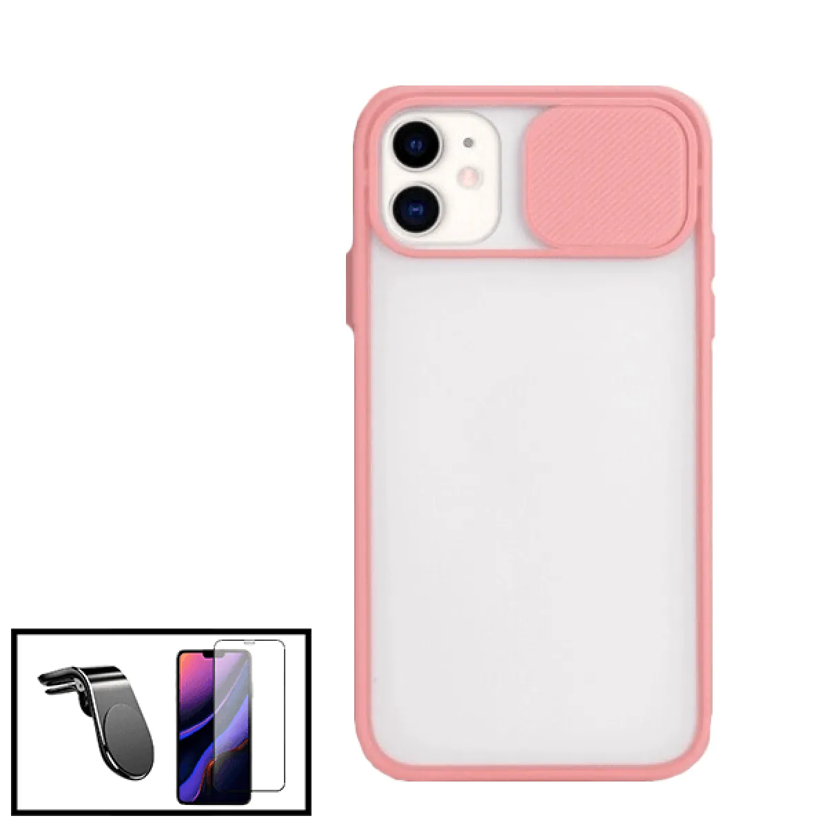 Kit Coque avec fenetre Anti-Choc mat + Film de Verre Trempé 5D à Couverture Complète + Support Magnétique L Conduite en Toute Sécurité pour iPhone SE 2020 - rose