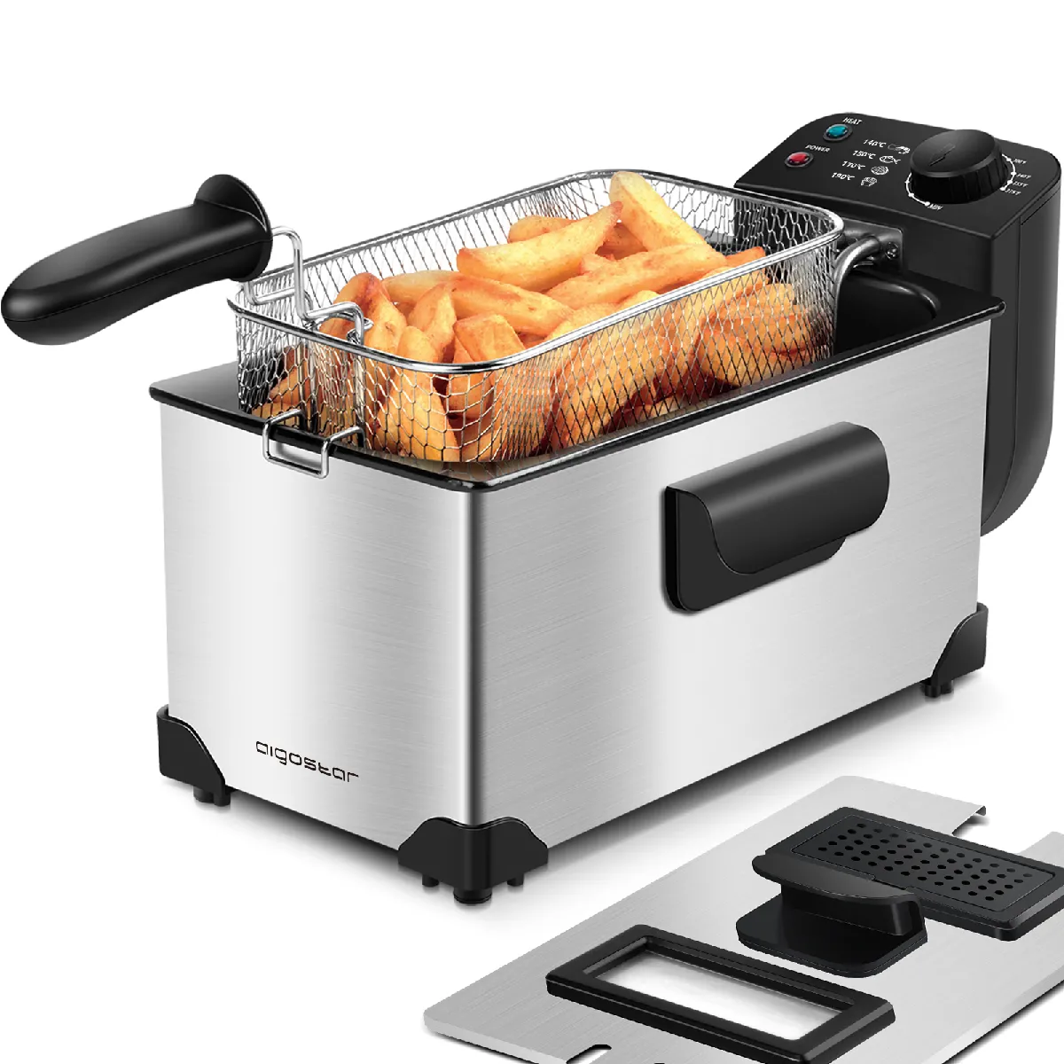 Ushas - Friteuse 3L, 2200W. En acier inoxydable 304 et cuve amovible pour vider l'huile. Sans BPA, avec couvercle anti-éclaboussures et grande fenêtre pour visualiser la cuisson.