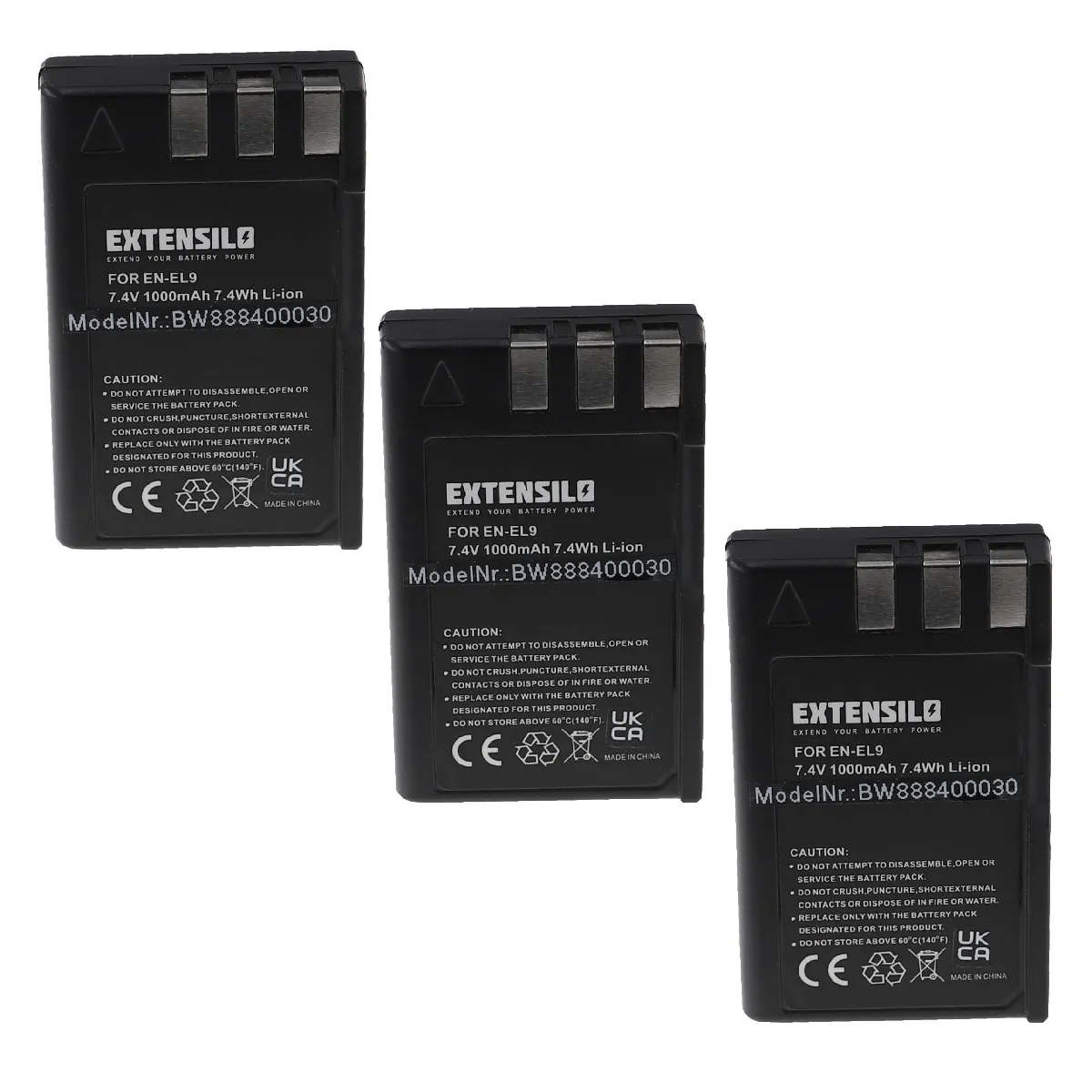 EXTENSILO 3x Batteries compatible avec Nikon D40 SLR, D40x DSLR, D60 DSLR, D3000, D5000 appareil photo, reflex numérique (1000mAh, 7,4V, Li-ion)