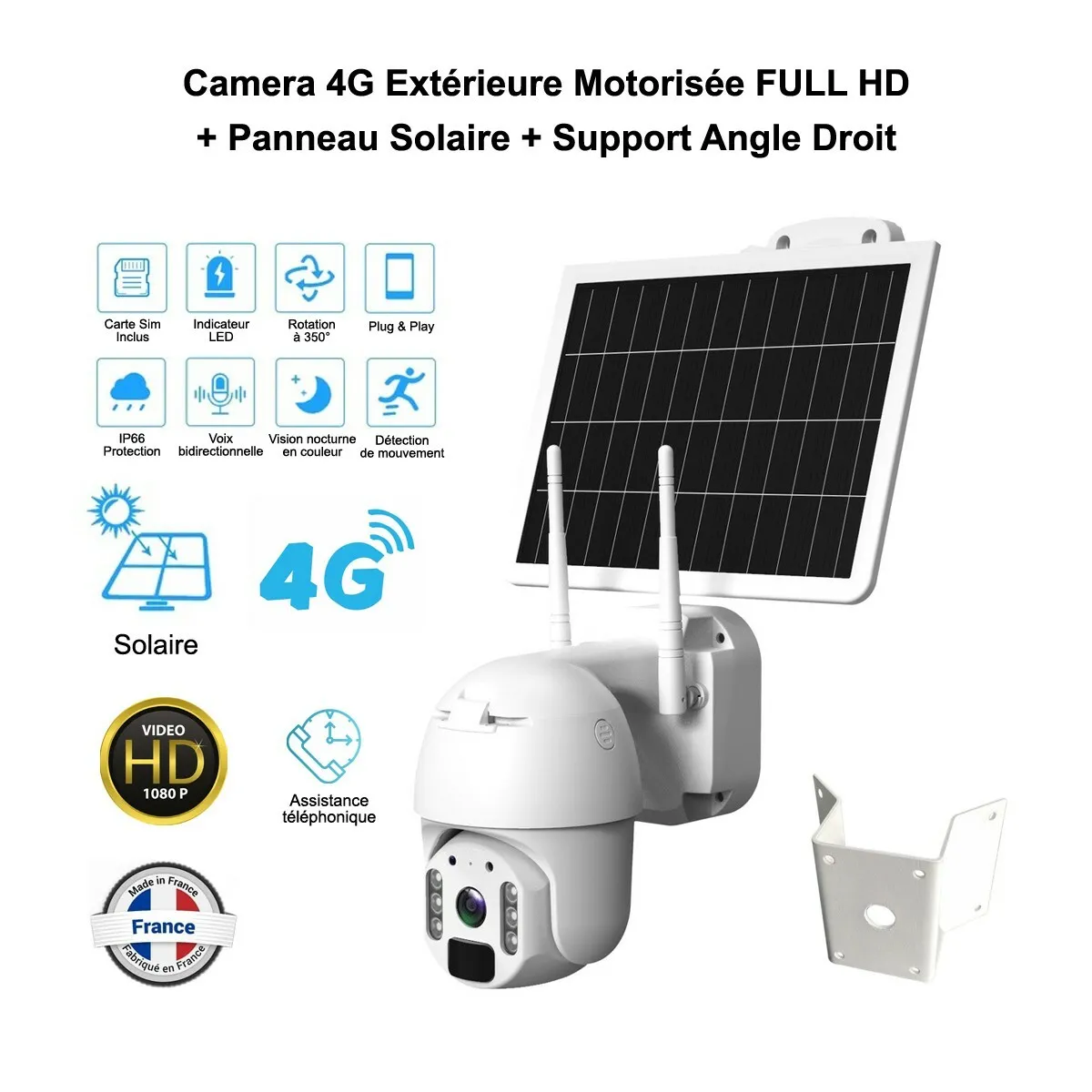 Camera 4G extérieur motorisée FULL HD solaire, vision 92° IR + nano SIM 300Mo + support angle droit - Micro & Haut Parleur Intégré