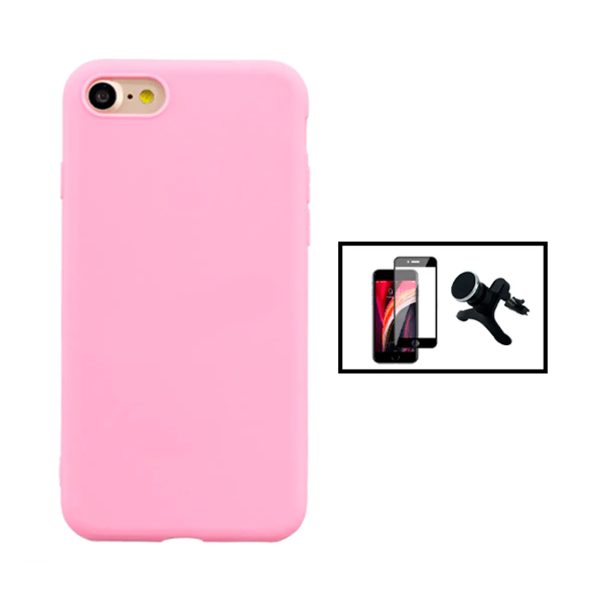 Kit Film de Verre Trempé 5D Full Cover + Coque Silicone Liquide + Support Magnétique de Voiture Renforcé pour iPhone SE 2022 - Rose