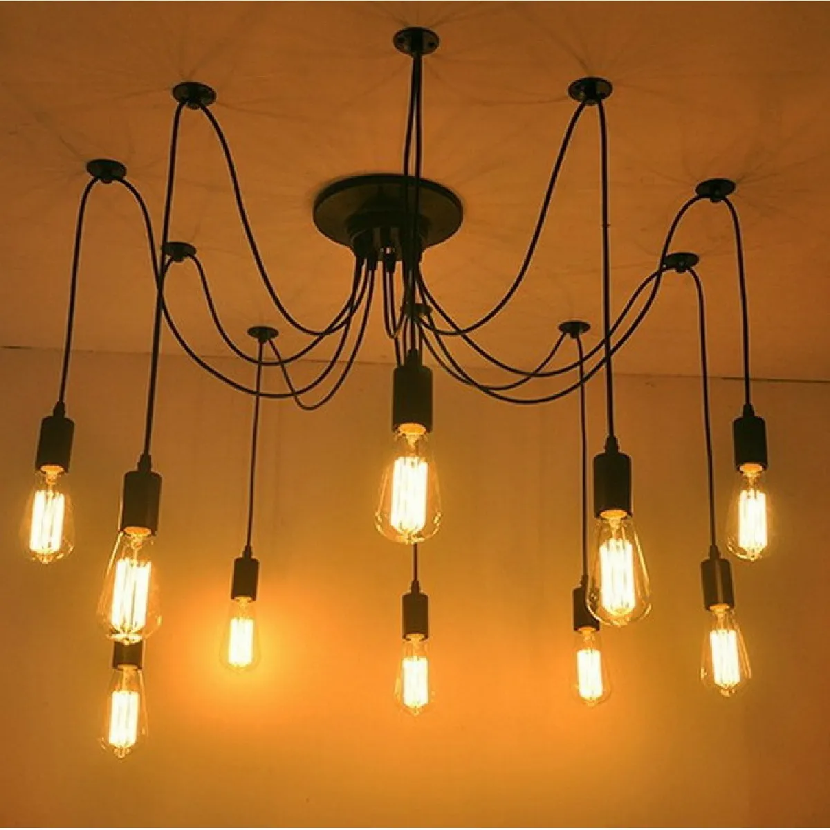 Lustre Suspension Araignee E27 Douille Rétro Industriel abat-jour Noir, DIY Ajustable Longueur avec 2.0m Fil, 10 bras (Non ampoule)