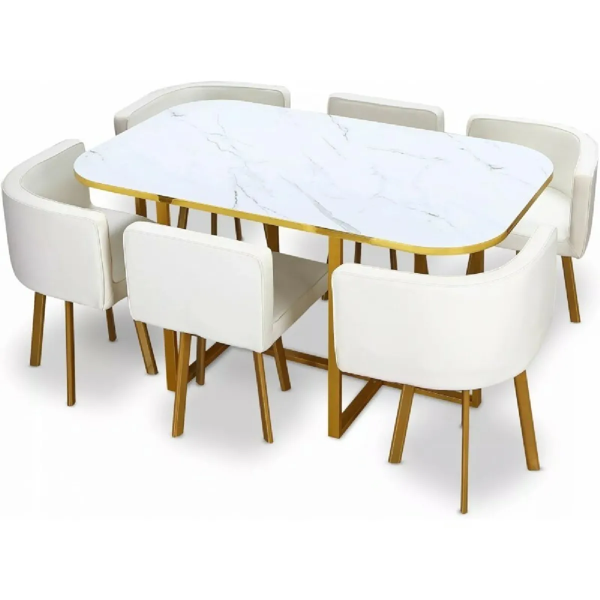 Ensemble Table À Manger + 6 Chaises Encastrable Popup Xl - Marbre Blanc