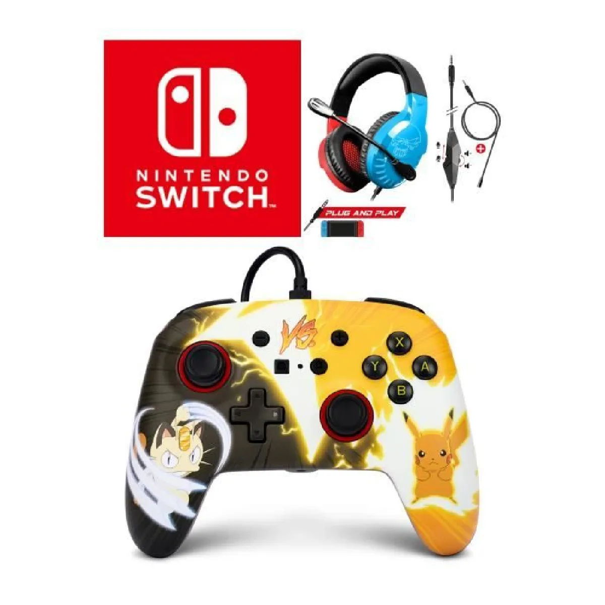 Manette filaire SWITCH Pokémon Pikachu Miaouss MEOWTH Officielle Nintendo avec Câble USB détachable + CASQUE SWITCH ROUGE ET BLEU