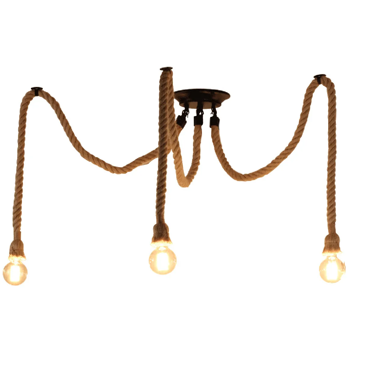 Rétro Lustre Suspension Araignee Corde de Chanvre avec 3 Bras E27 Douille, Industriel Lampe DIY 2.0m Fil Longueur Ajustable Luminaire Décoration Chambre Restaurant Bar