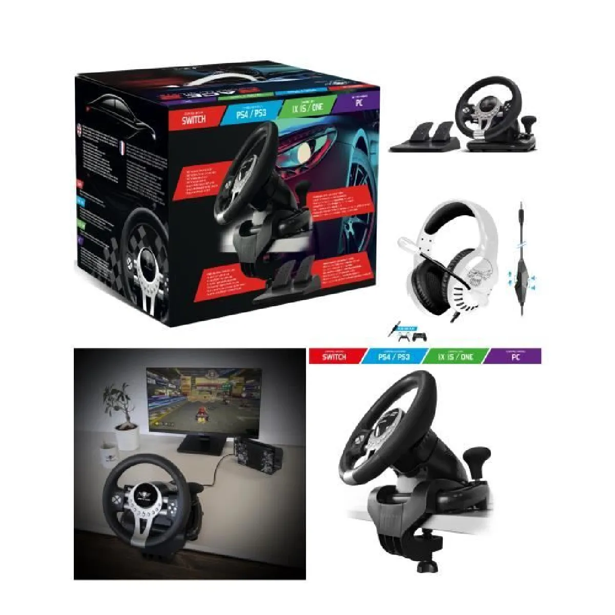 Volant et pédales de jeu Vidéo PRO Race compatible Xbox Séries X S PS3 PS4 SWITCH PC + Casque SPIRIT OF GAMER PRO PS4 PS5