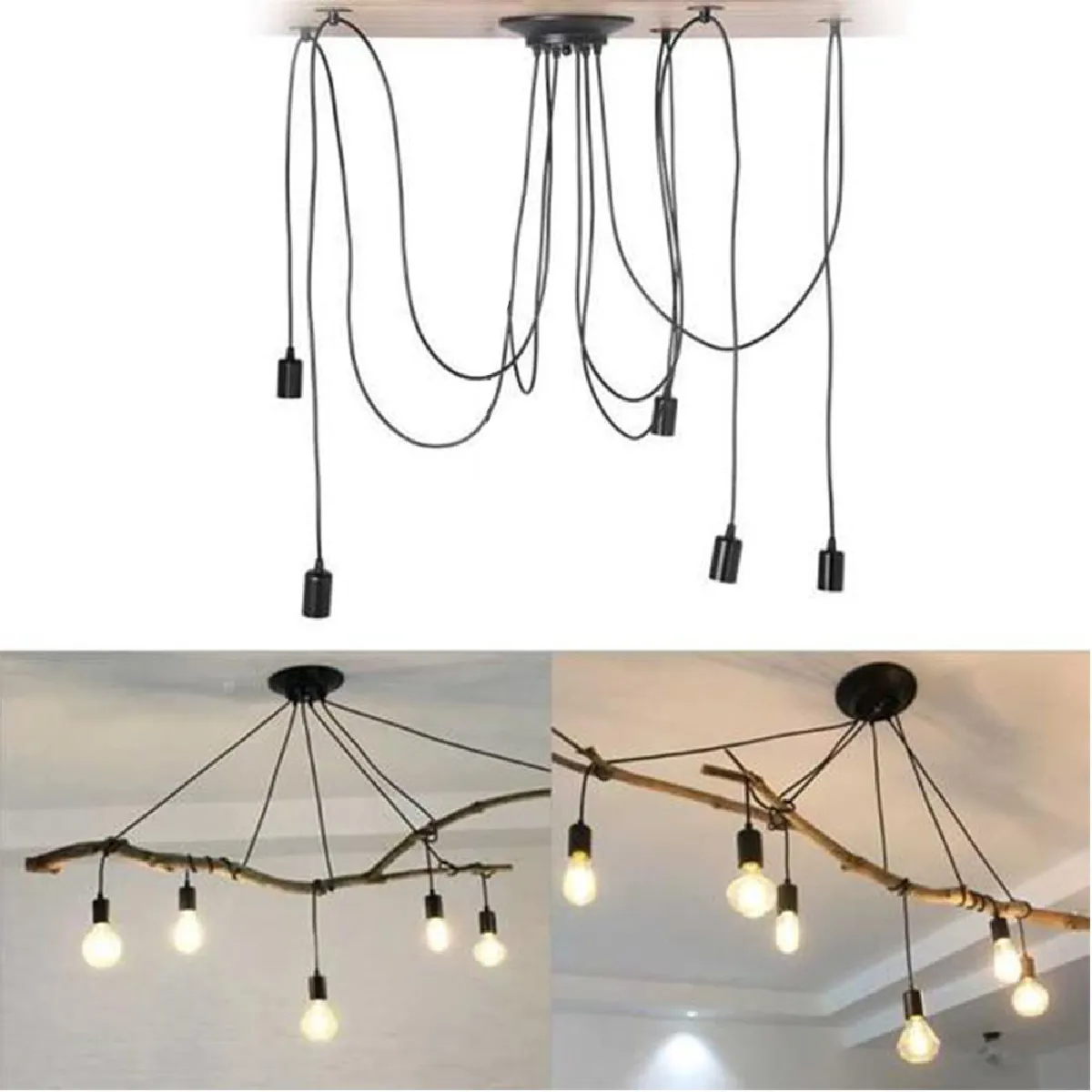 Lustre Suspension Araignee E27 Douille Rétro Industriel abat-jour Noir, DIY Ajustable Longueur avec 1.5m Fil, 5 bras (Non ampoule)