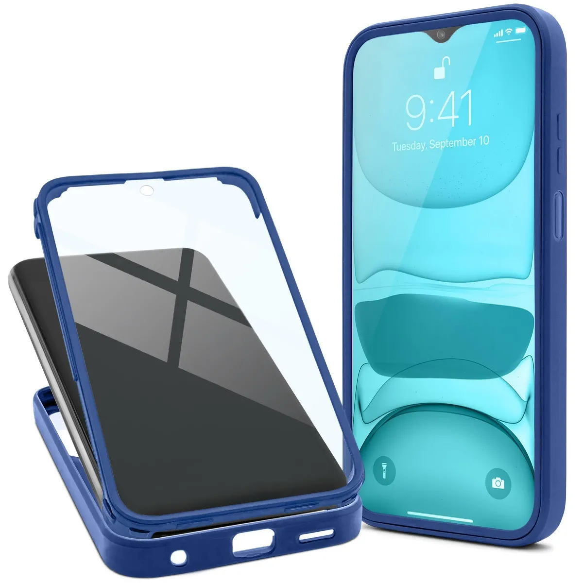 Moozy Coque 360 pour Samsung A13 - Coque transparente à bord bleu, protection intégrale double face, coque avec protecteur d'écran intégré