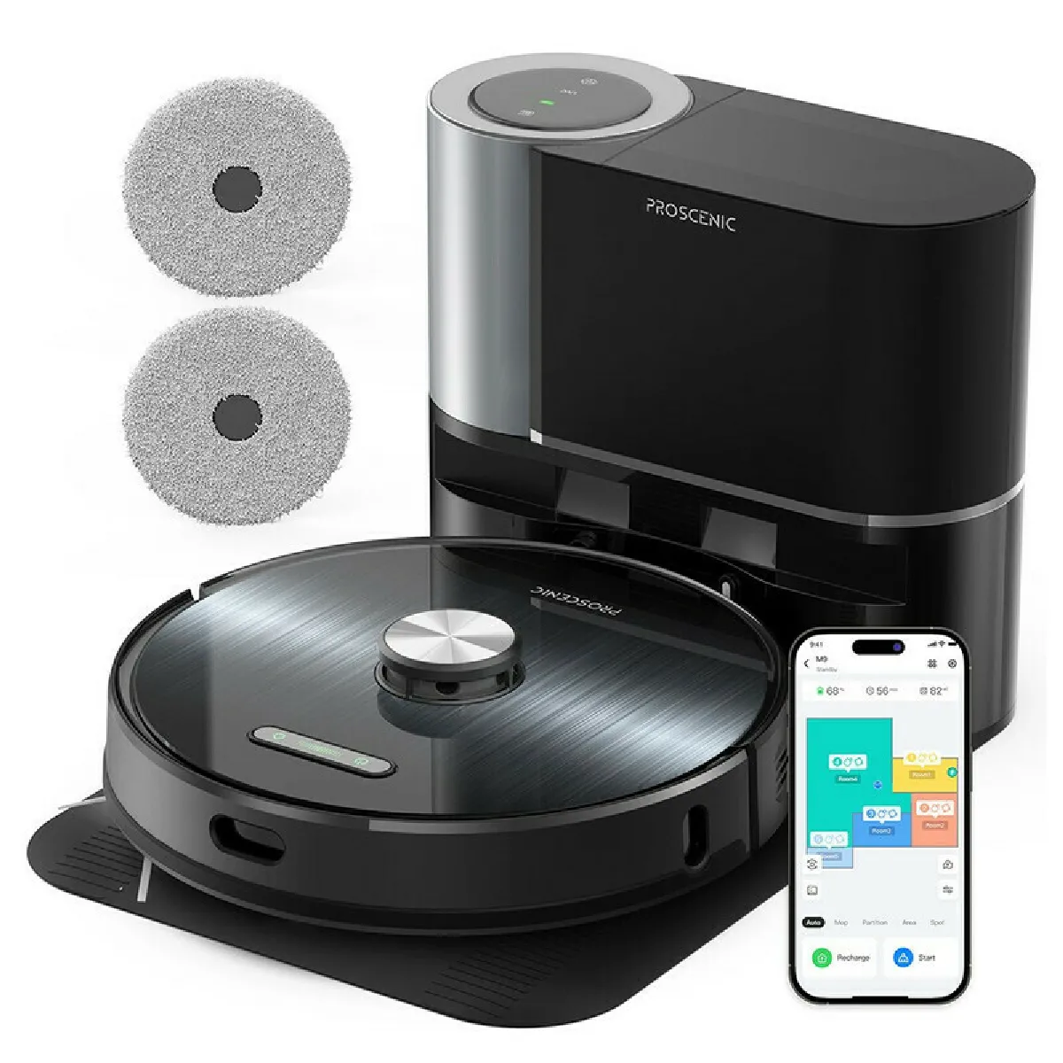 Aspirateur robot Proscenic M9 avec base auto-vide, Navigation laser Aspiration 4 500 Pa Vadrouilles à double rotation Détection de tapis Batterie 5200mAh Google Home Alexa et contrôle des applications - Noir